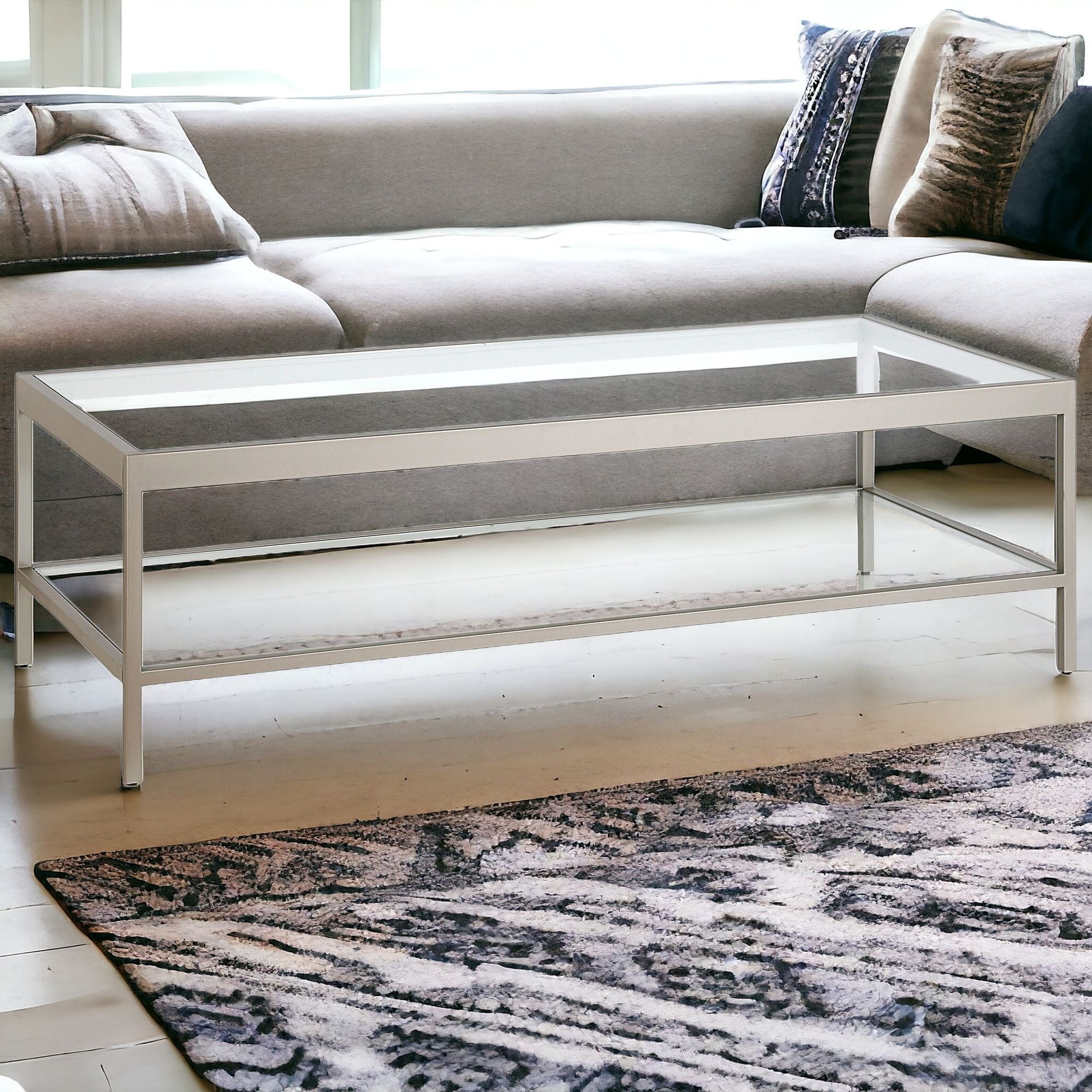 54" Silver Glass And Steel Coffee Table With Shelf