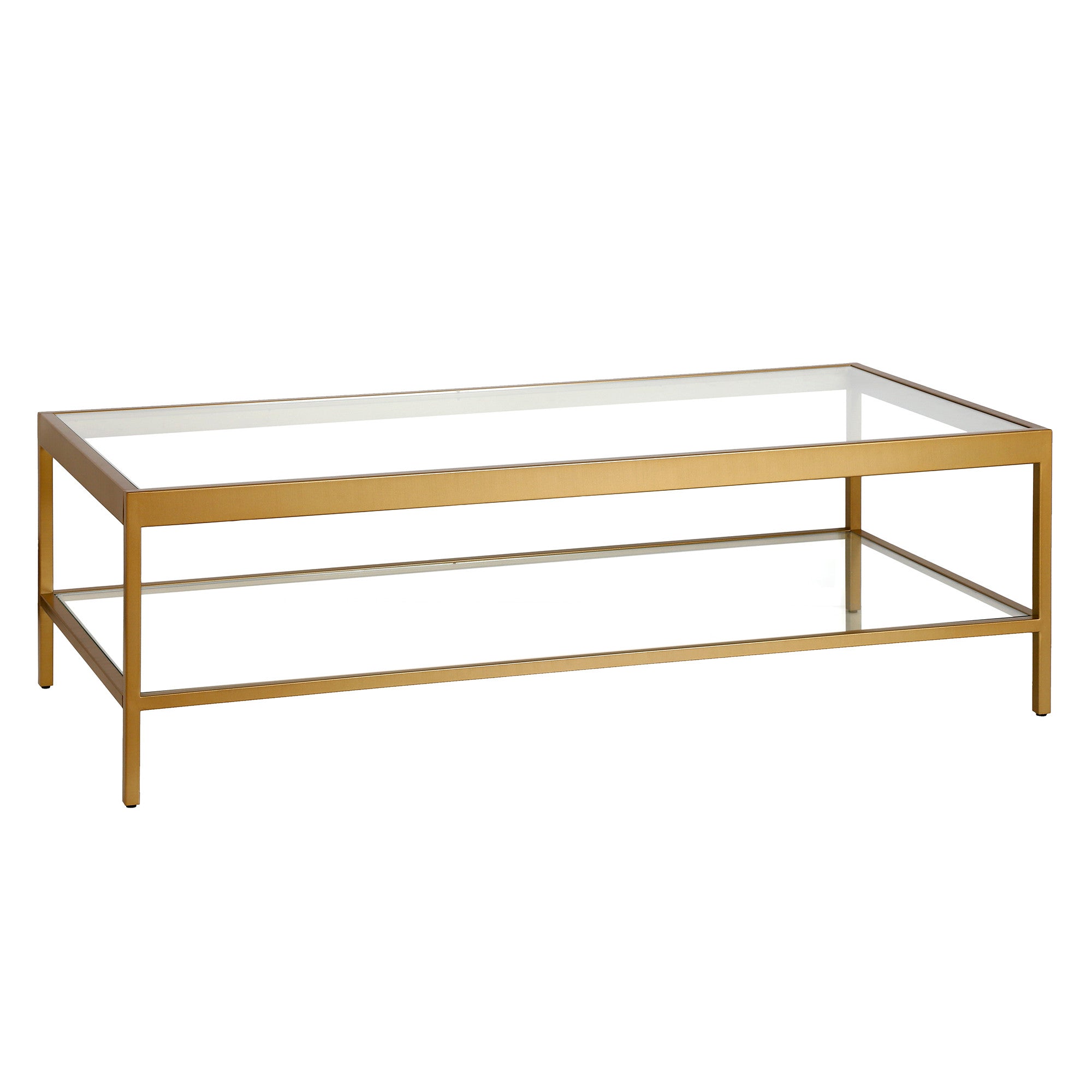 54" Clear And Gold Glass And Steel Coffee Table With Shelf