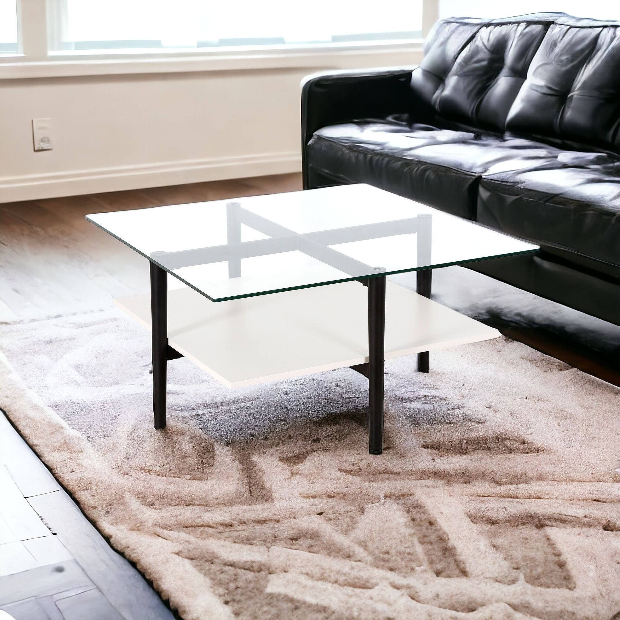 32" White And Black Glass And Steel Square Coffee Table With Shelf