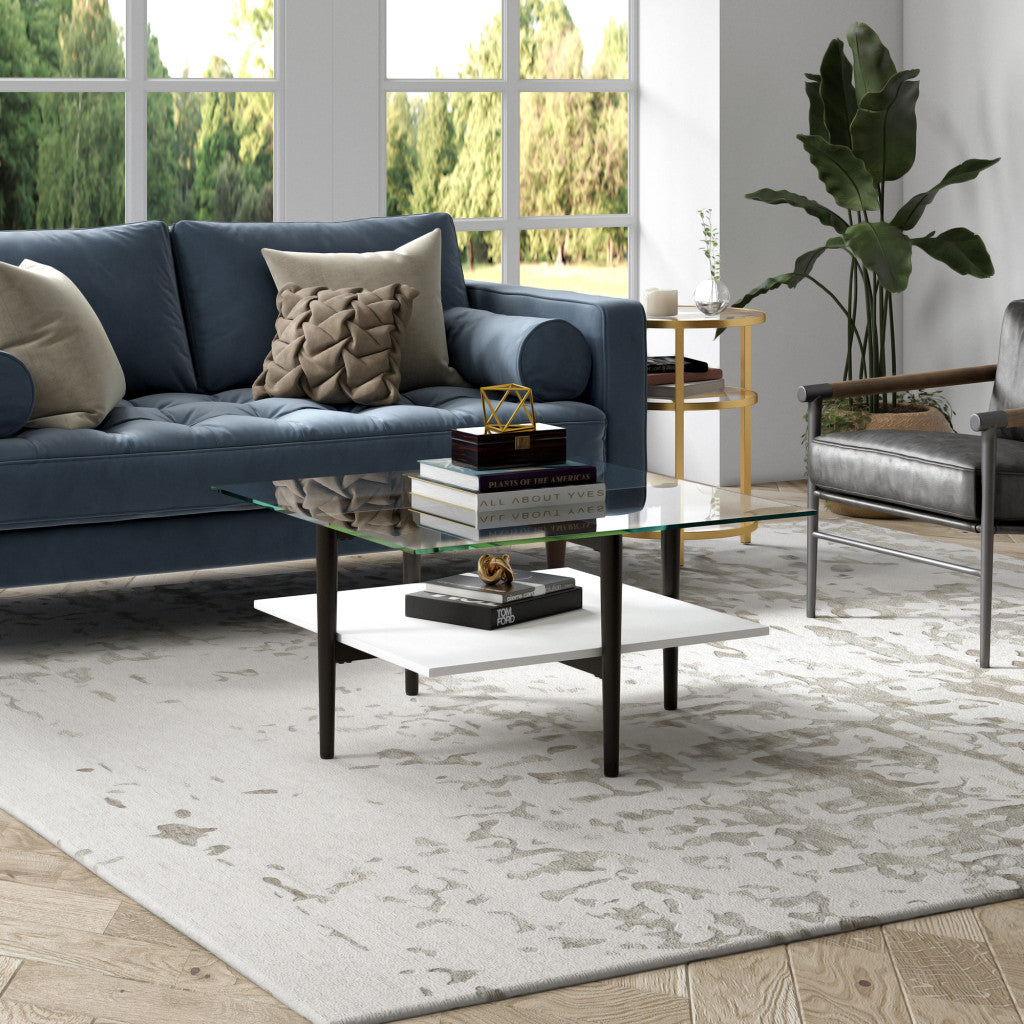 32" White And Black Glass And Steel Square Coffee Table With Shelf