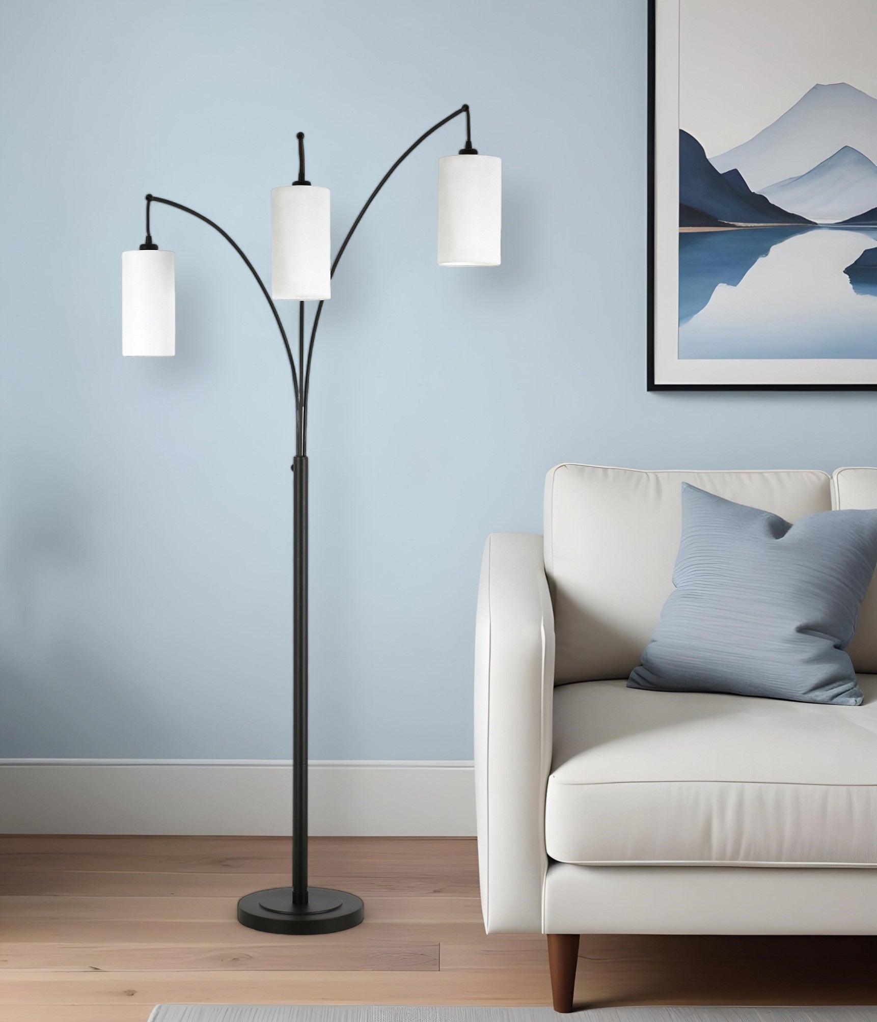 83" Black Three Light Torchiere Floor Lamp With White Frosted Glass Drum Shade