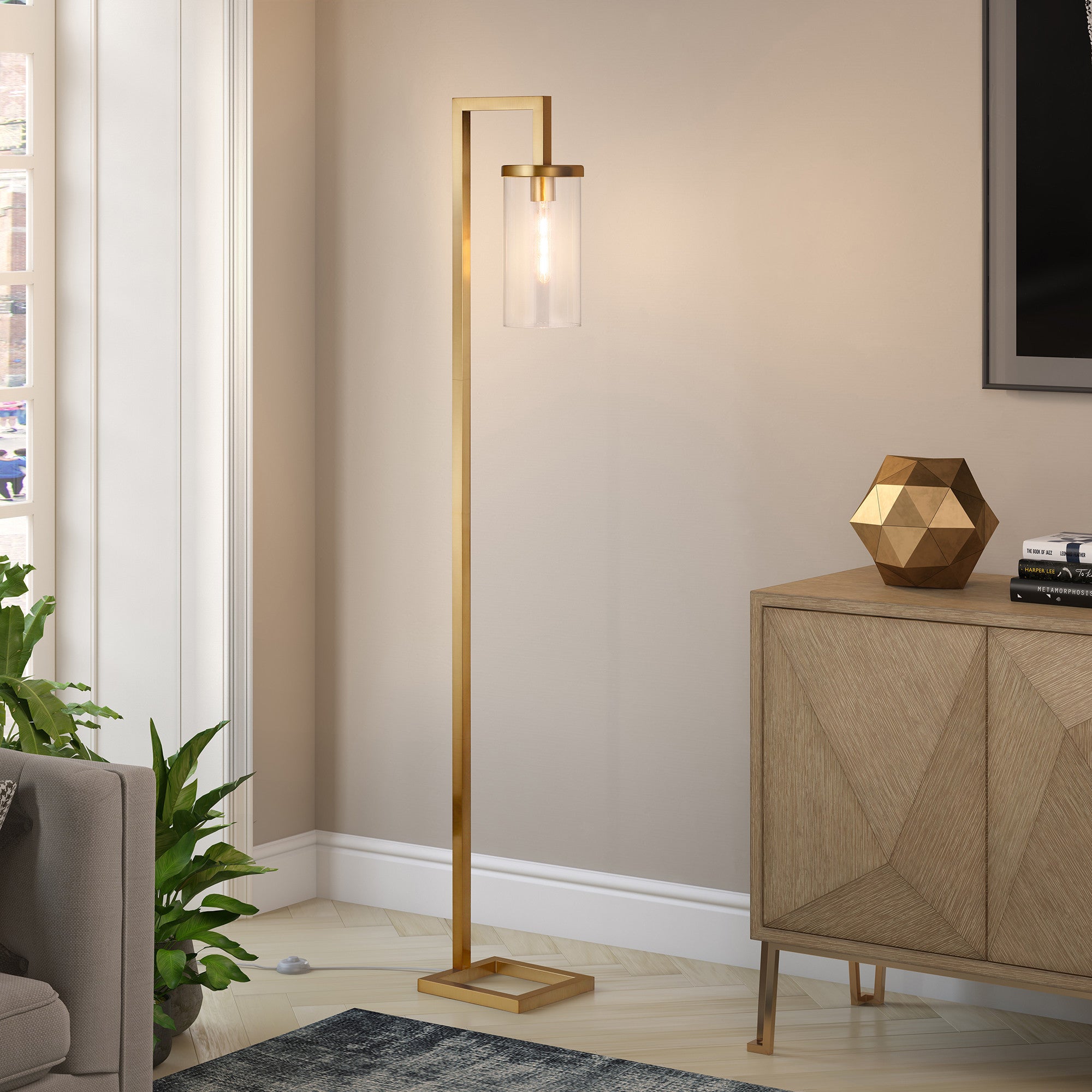 67" Brass Reading Floor Lamp With Clear Transparent Glass Drum Shade