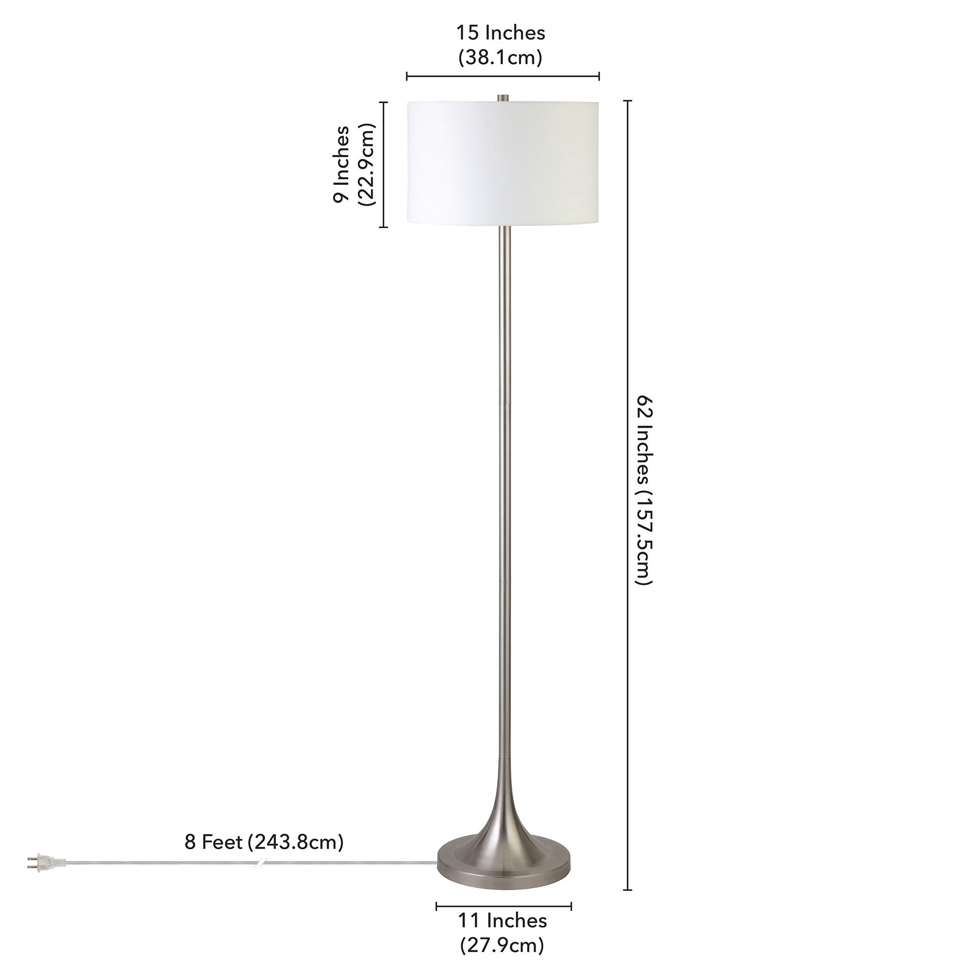 62" Nickel Floor Lamp With White Fabric Drum Shade