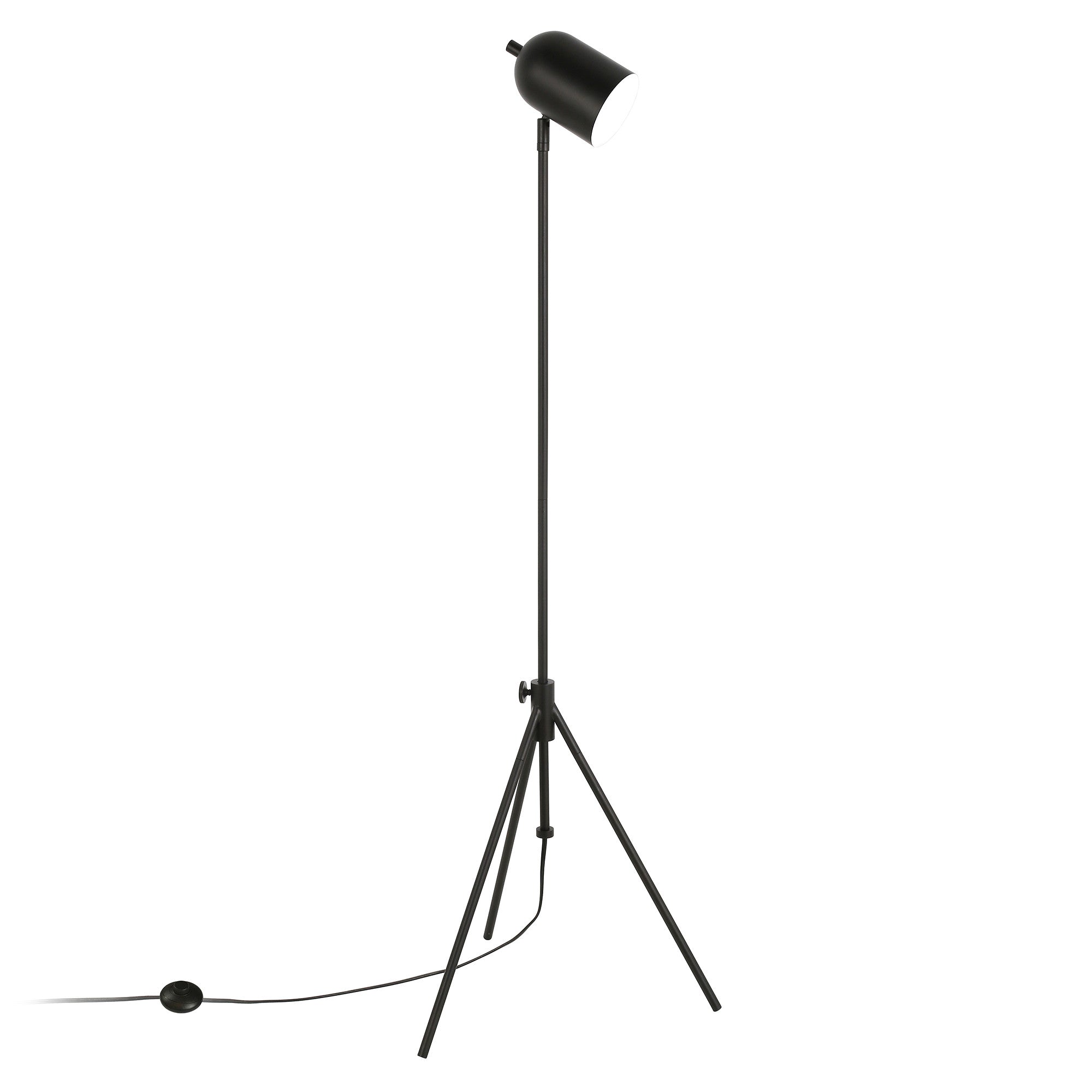 56" Black Adjustable Tripod Floor Lamp With Black Metal Cylinder Shade