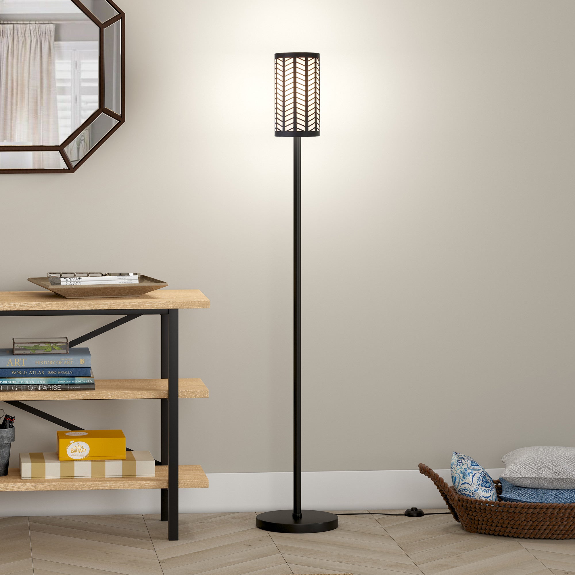 63" Black Torchiere Floor Lamp With Black Drum Shade