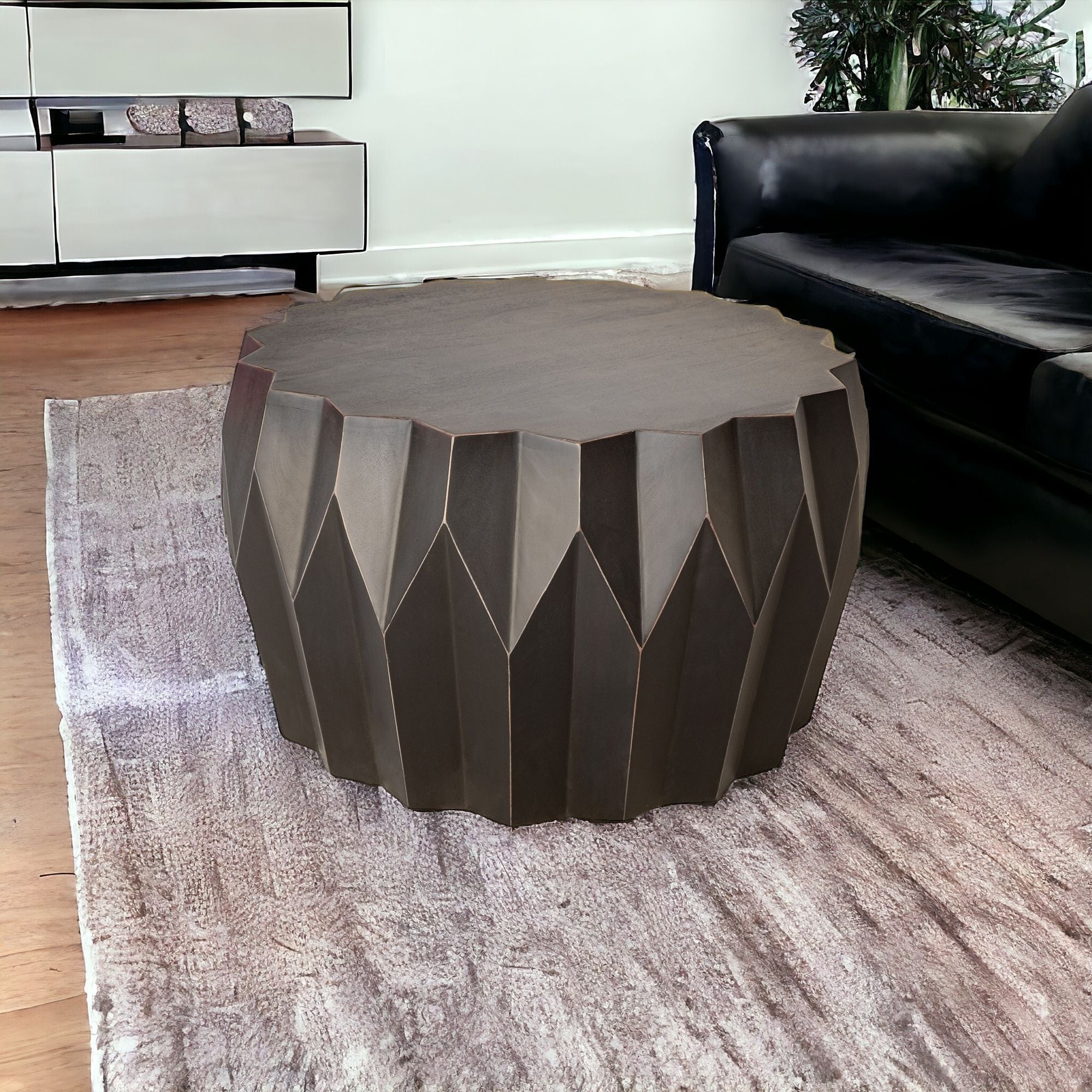 29" Black Solid Wood Round Distressed Coffee Table