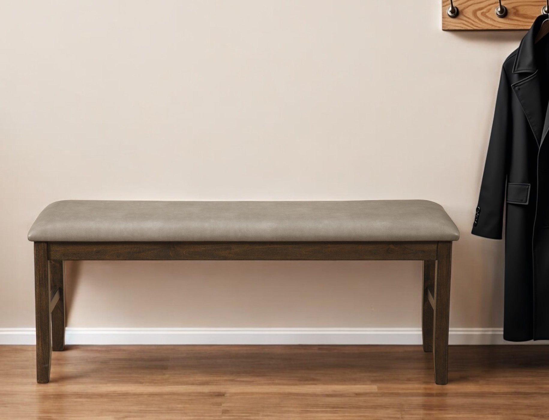 49" Tan and Dark Brown Faux Leather Distressed Upholstery Dining Bench