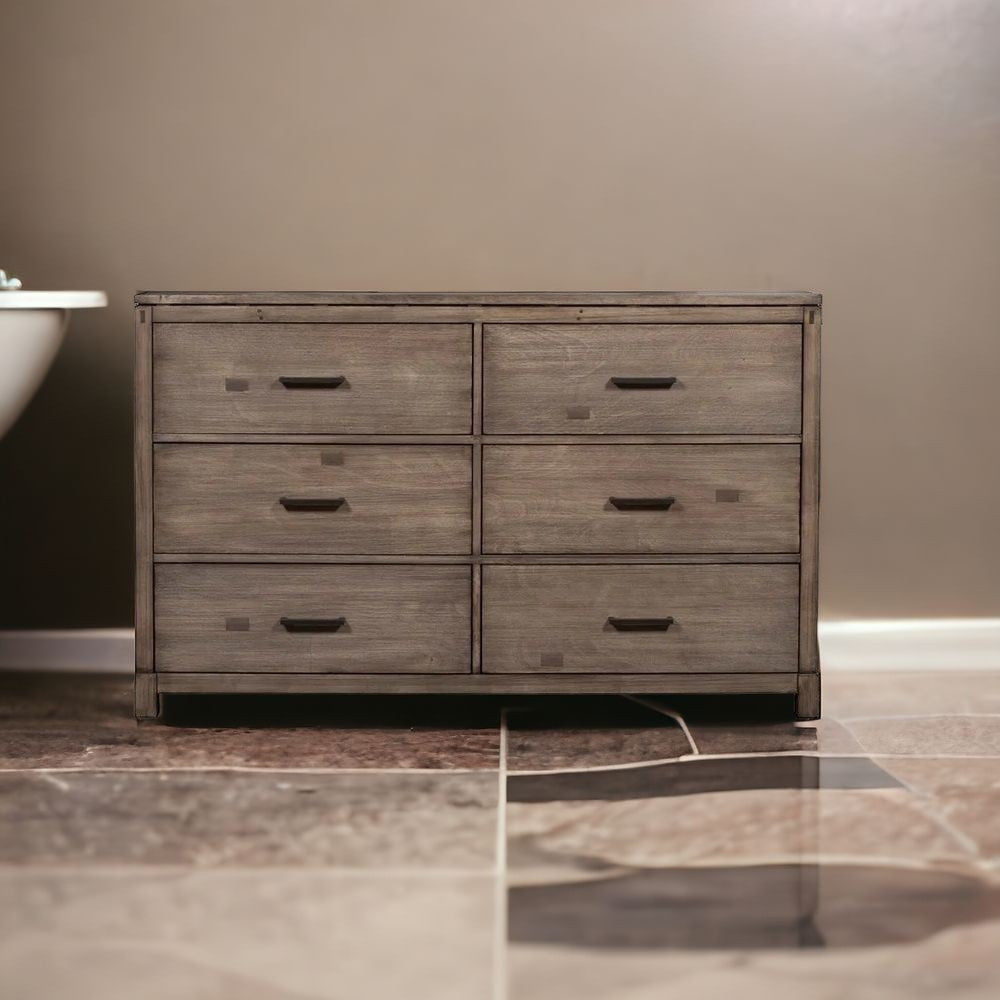 60" Gray Solid Wood Six Drawer Double Dresser