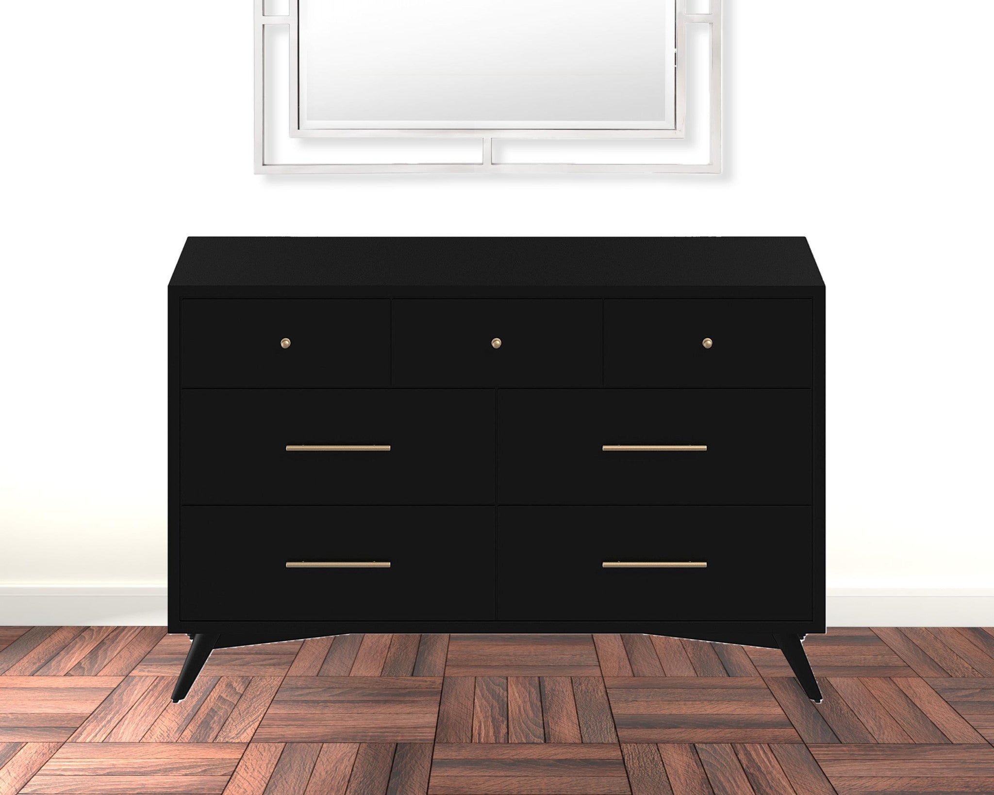 56" Black Solid Wood Seven Drawer Double Dresser