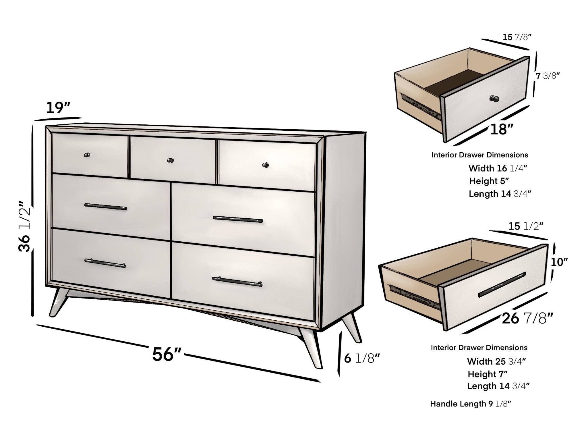 56" White Solid Wood Seven Drawer Double Dresser