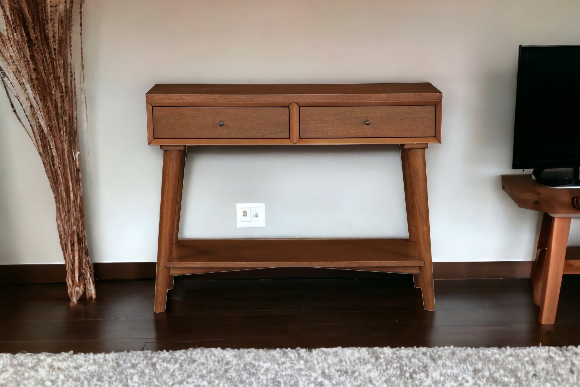 42" Brown Floor Shelf Console Table With Shelves And Drawers