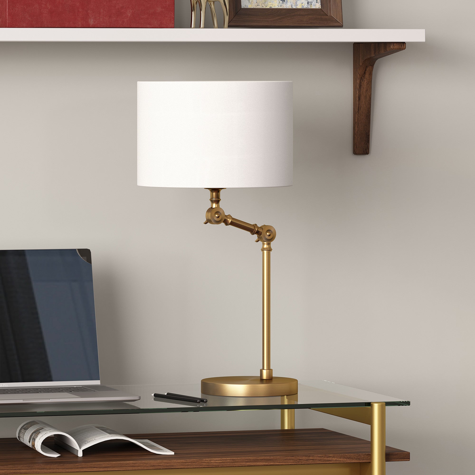 24" Gold Metal Adjustable Table Lamp With White Drum Shade