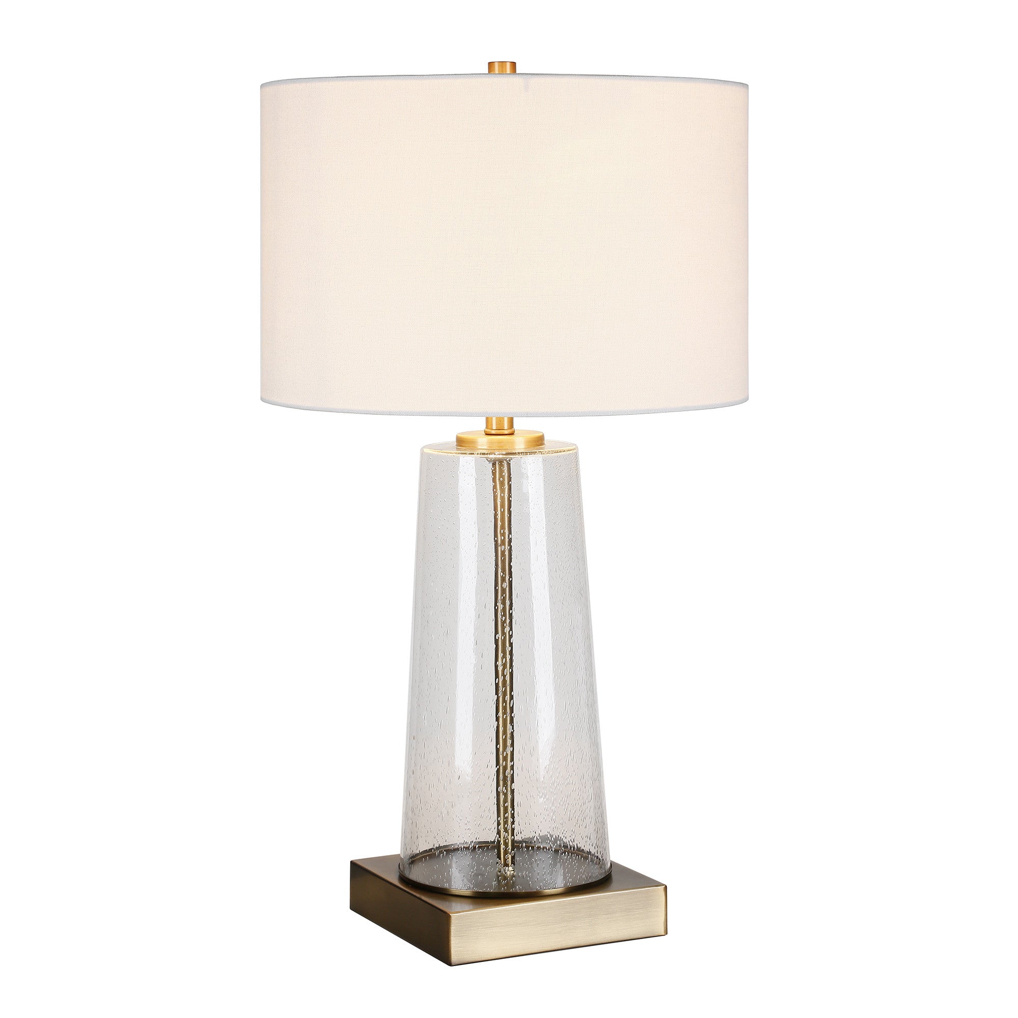 27" Brass and Clear Metal and Glass Table Lamp With White Drum Shade