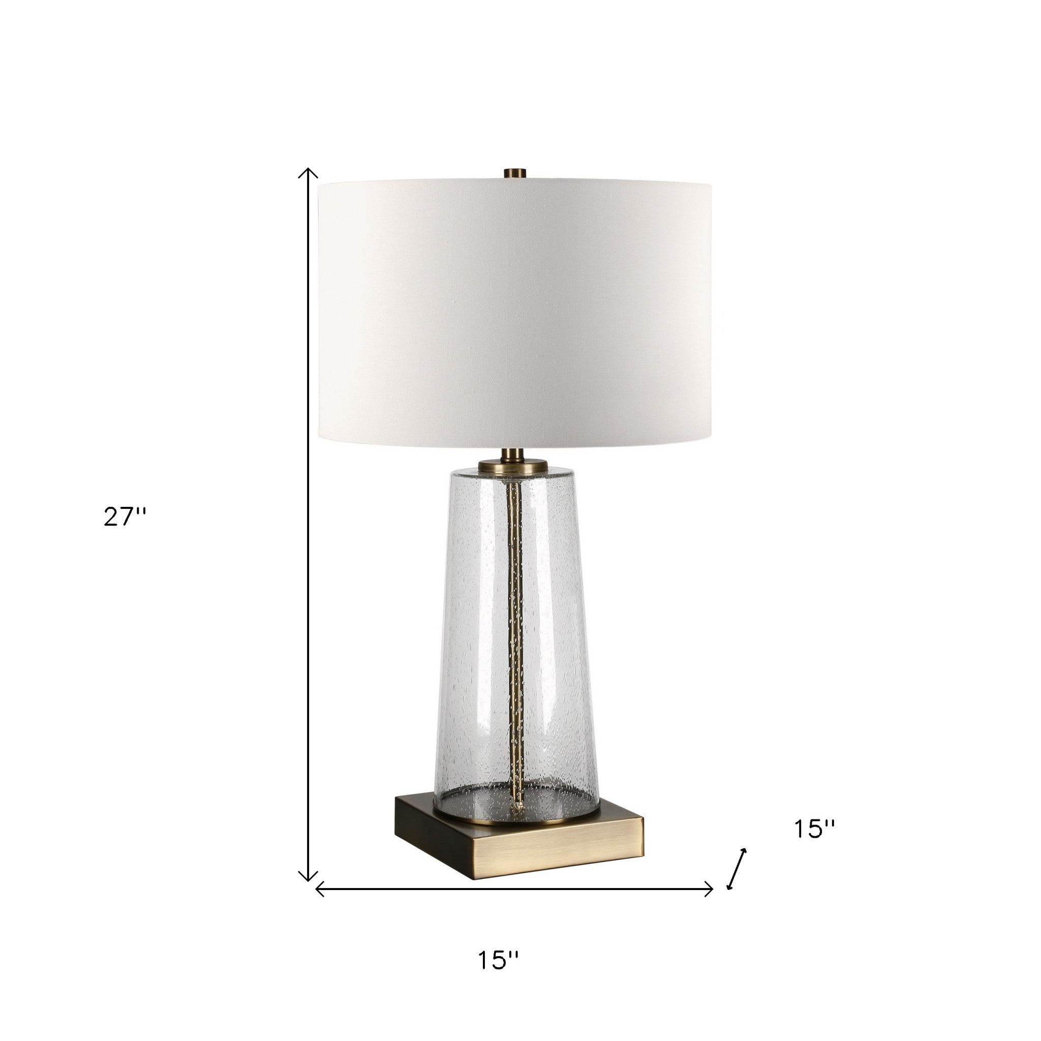 27" Brass and Clear Metal and Glass Table Lamp With White Drum Shade