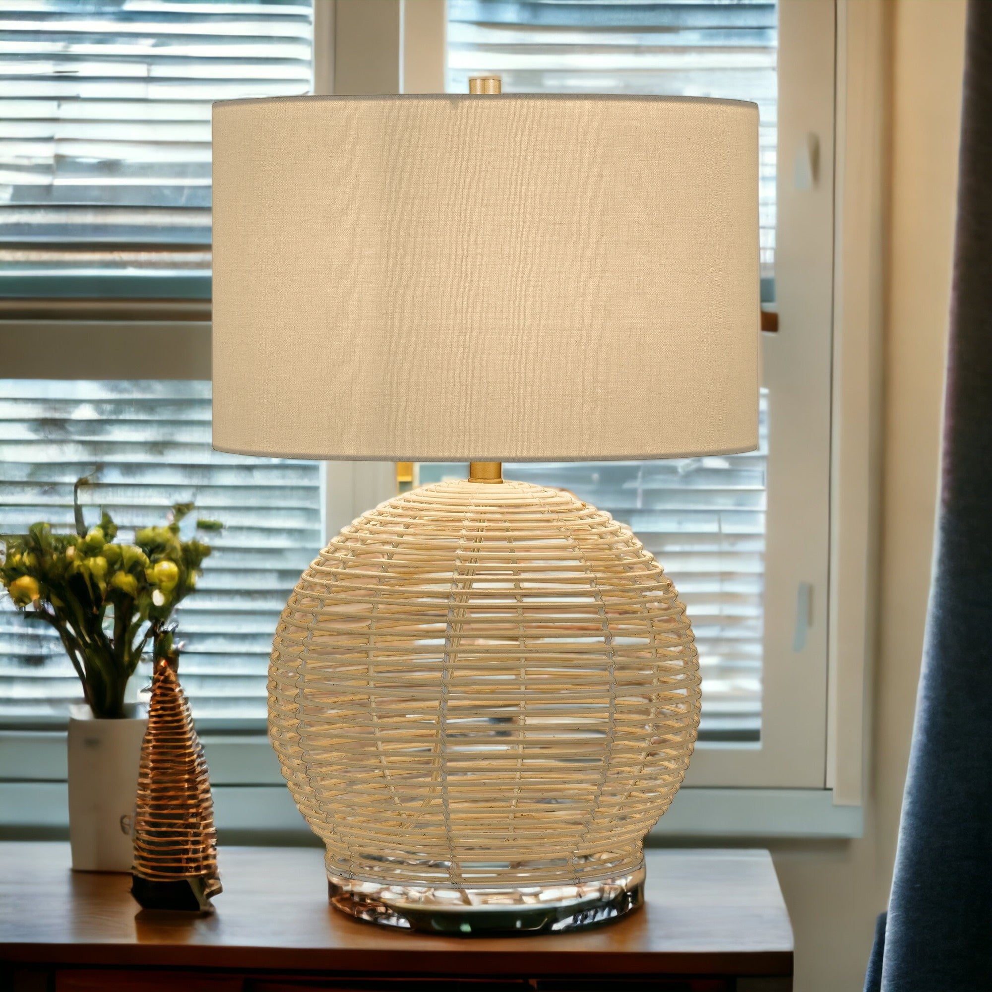 21" Natural Rattan Table Lamp With White Drum Shade