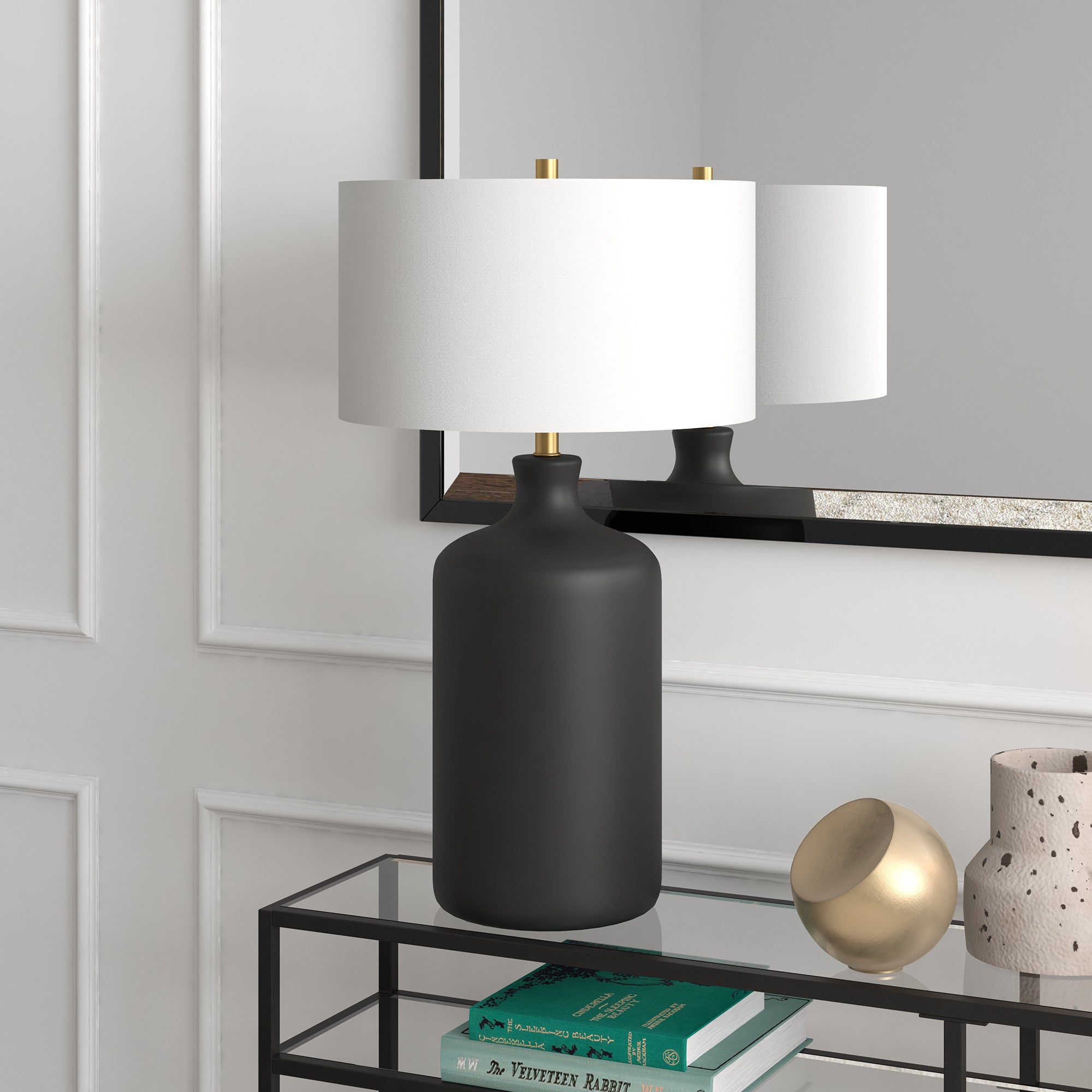 29" Black Ceramic Table Lamp With White Drum Shade