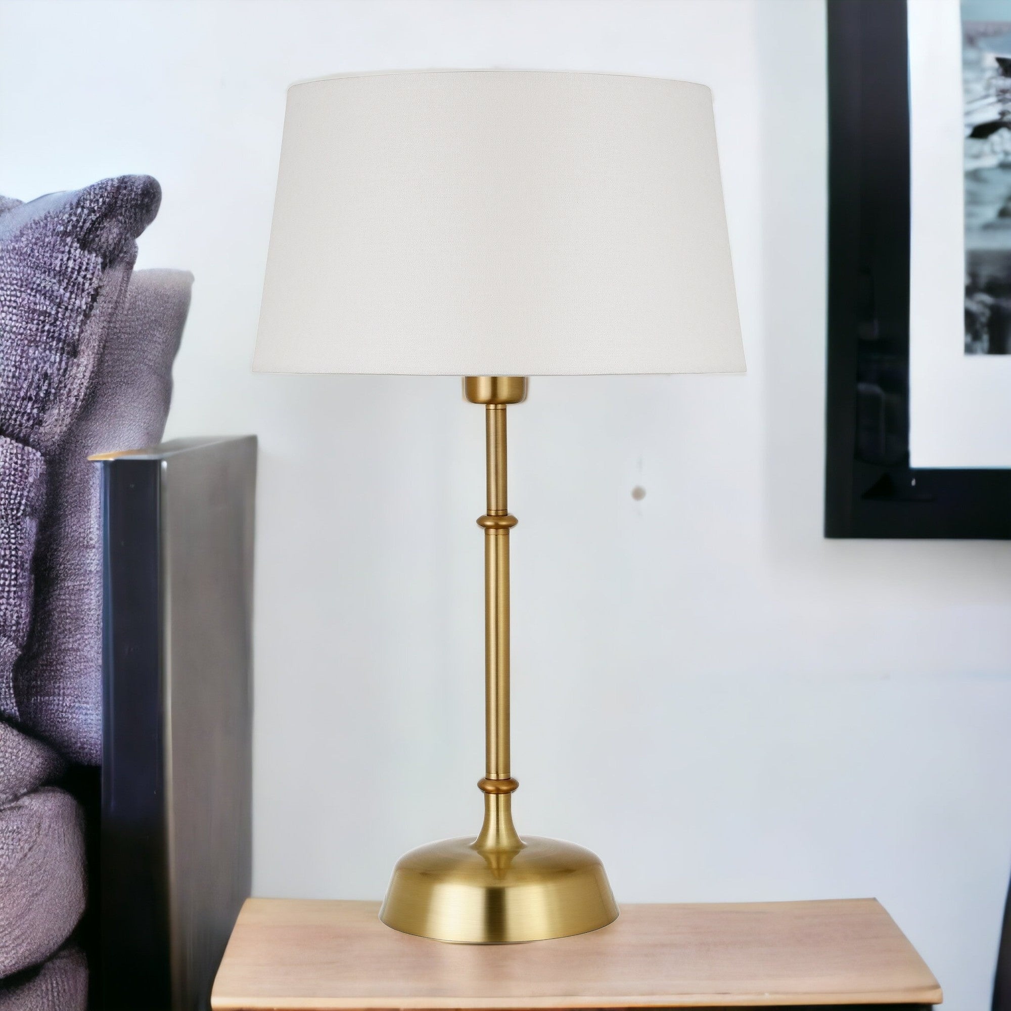 24" Brass Metal Table Lamp With White Drum Shade