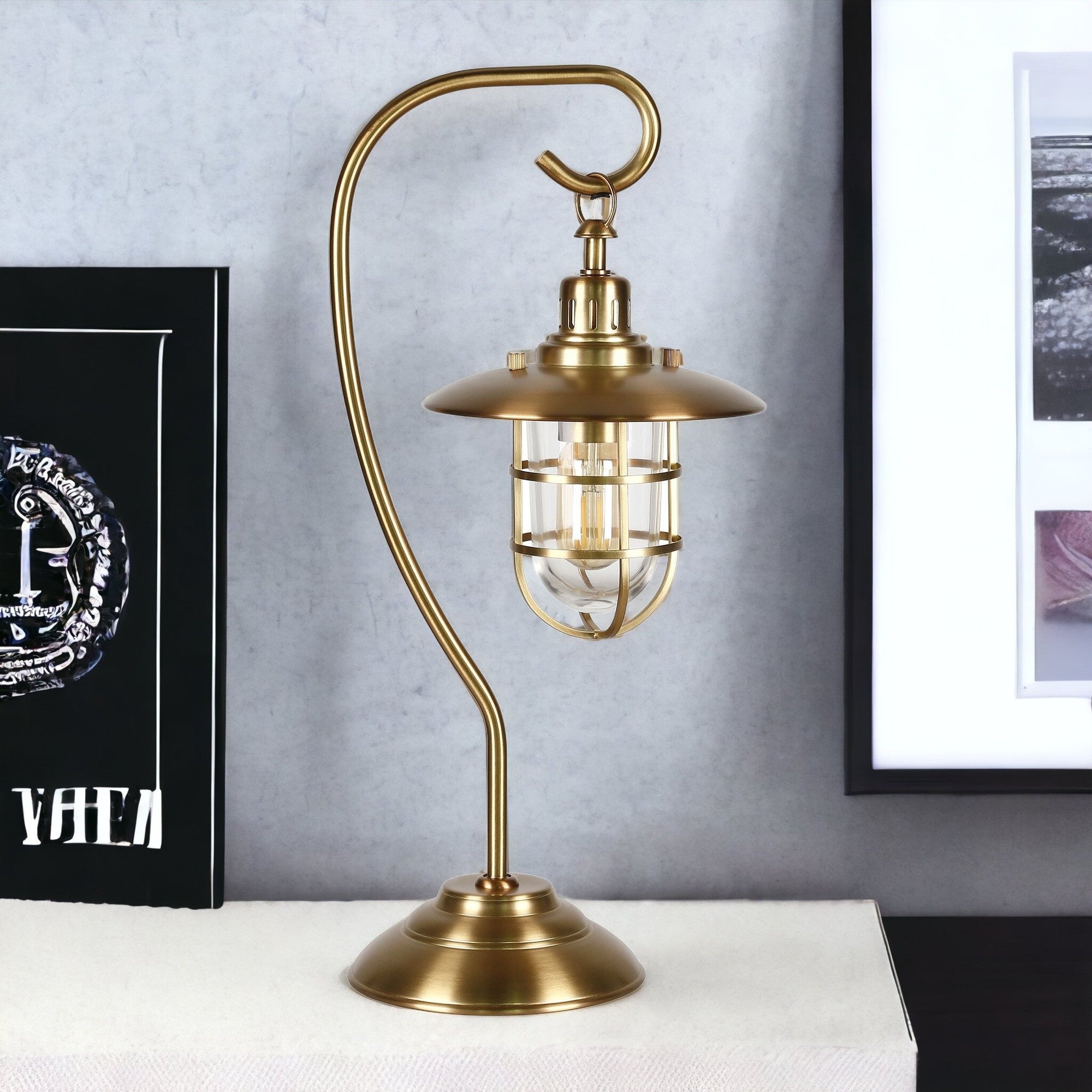 22" Antiqued Brass Metal Arched Table Lamp With Brass Cage Shade