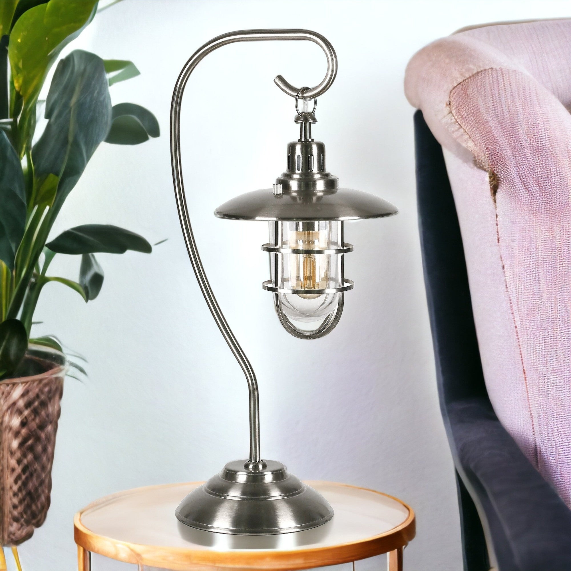 22" Nickel Metal Arched Table Lamp With Nickel Cage Shade