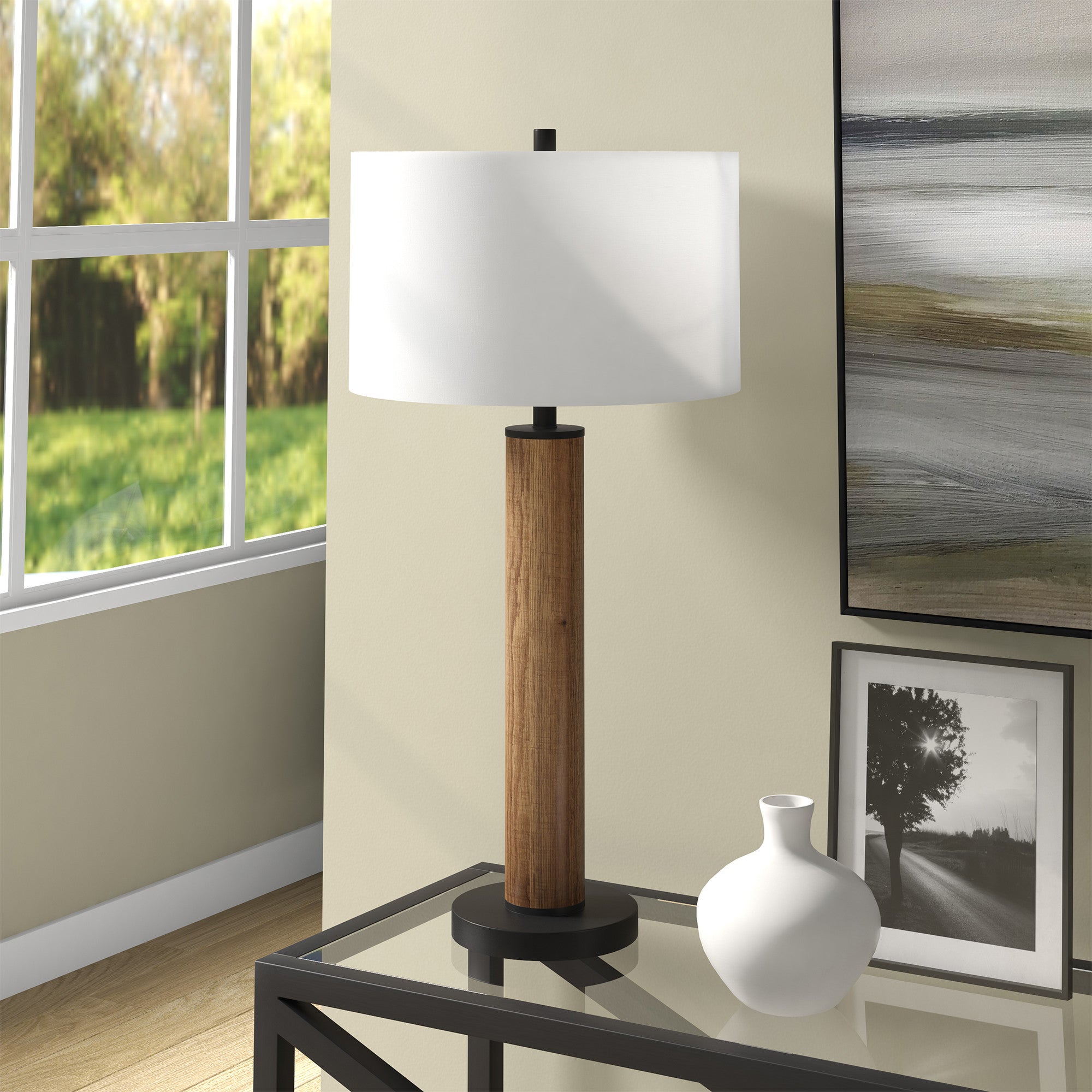 29" Brown and Black Metal Table Lamp With White Drum Shade