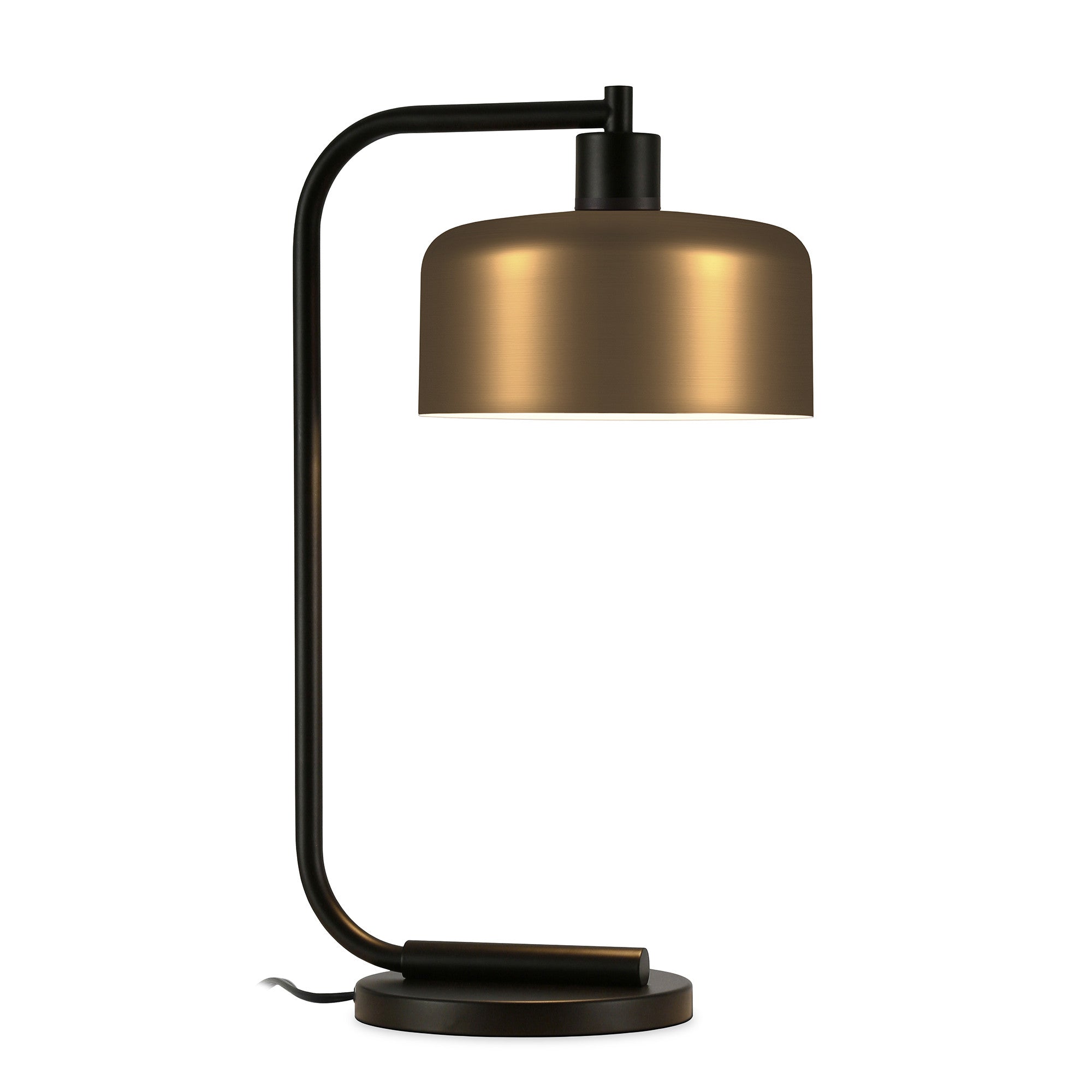 20" Black Metal Arched Table Lamp With Brass Bowl Shade