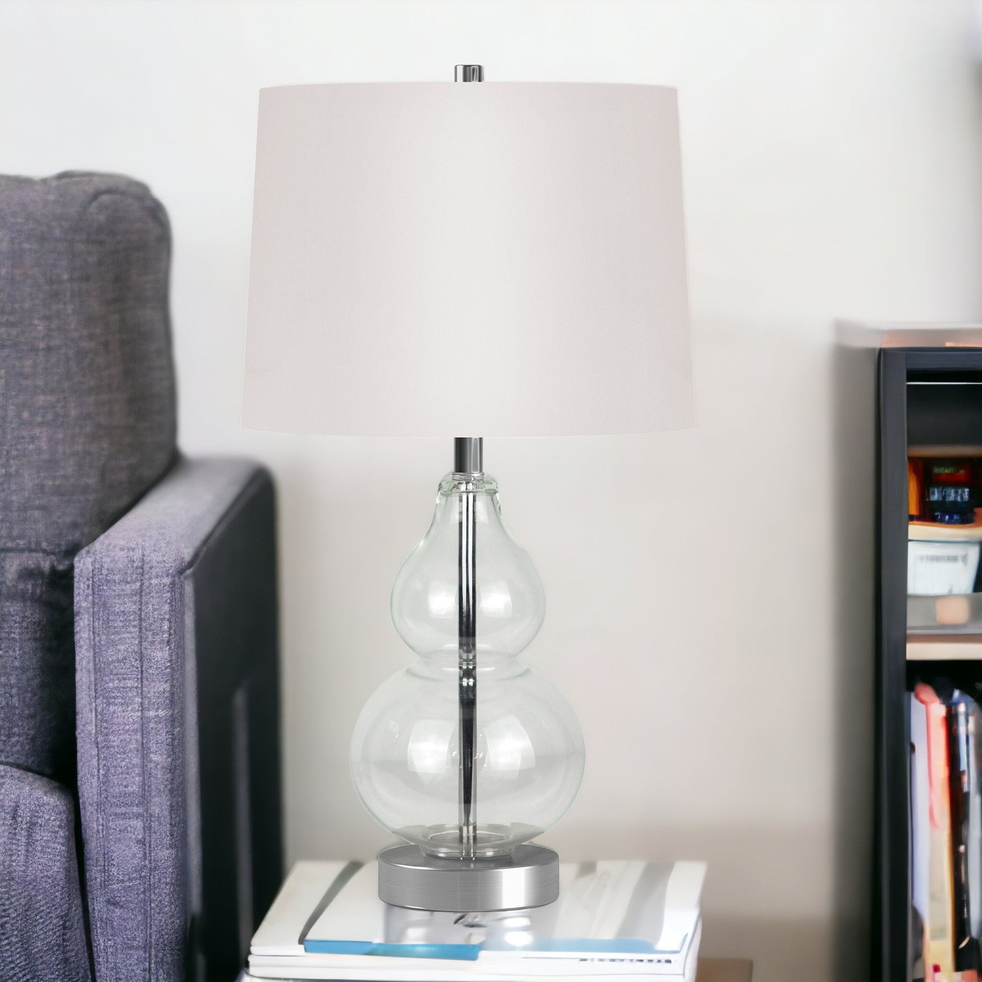 21" Clear Glass Gourd Table Lamp With White Drum Shade