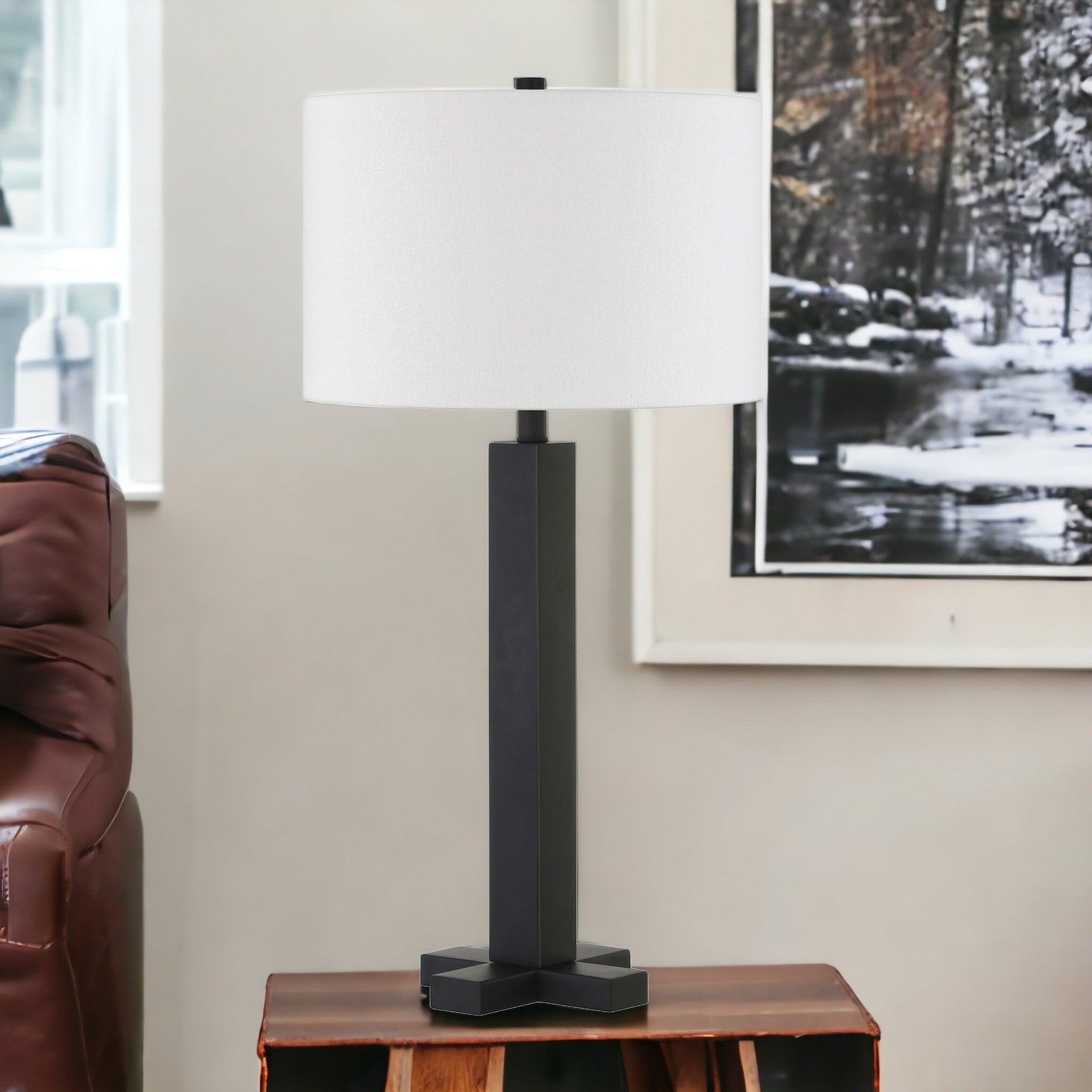 27" Black Metal Table Lamp With White Drum Shade