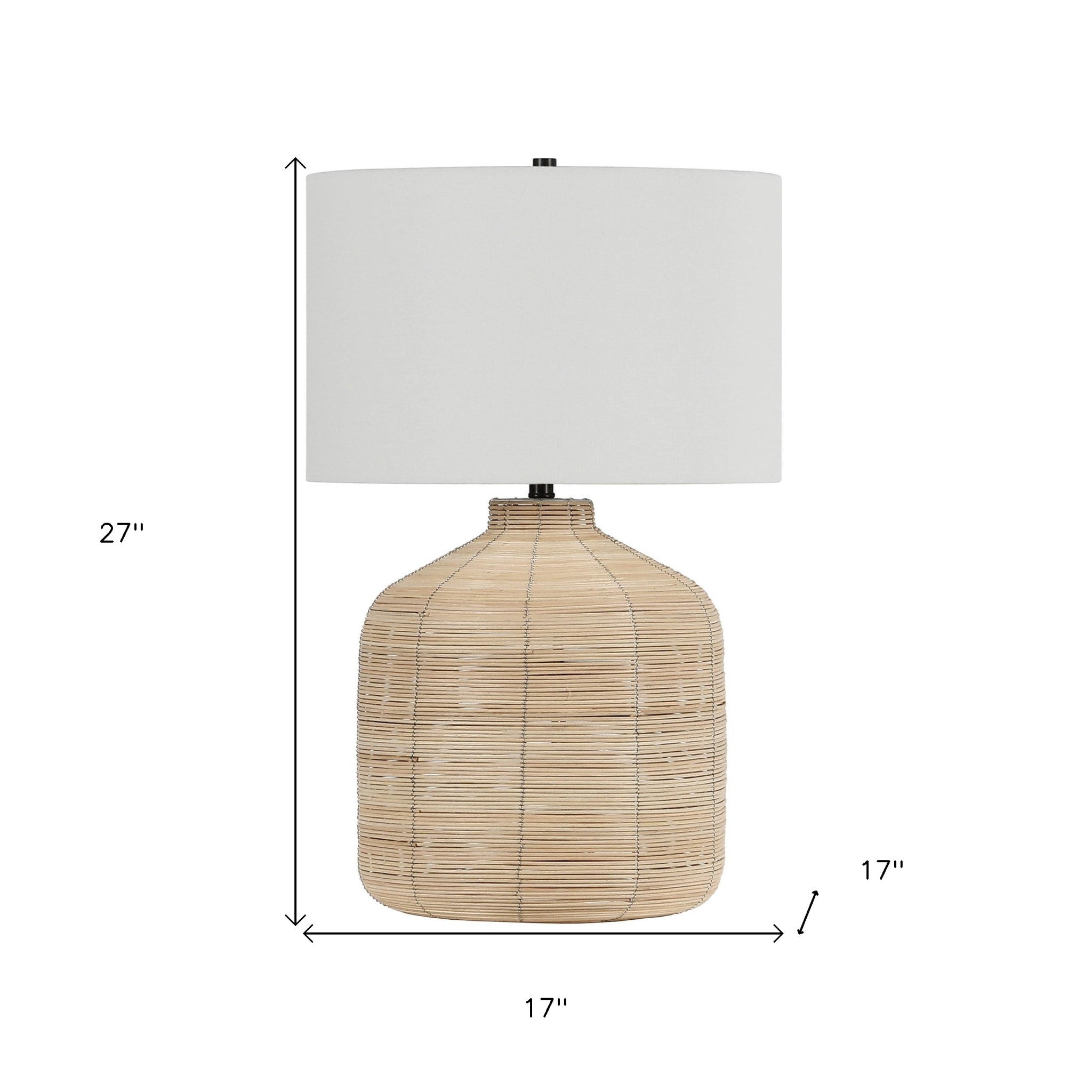 27" Natural Rattan Table Lamp With White Drum Shade