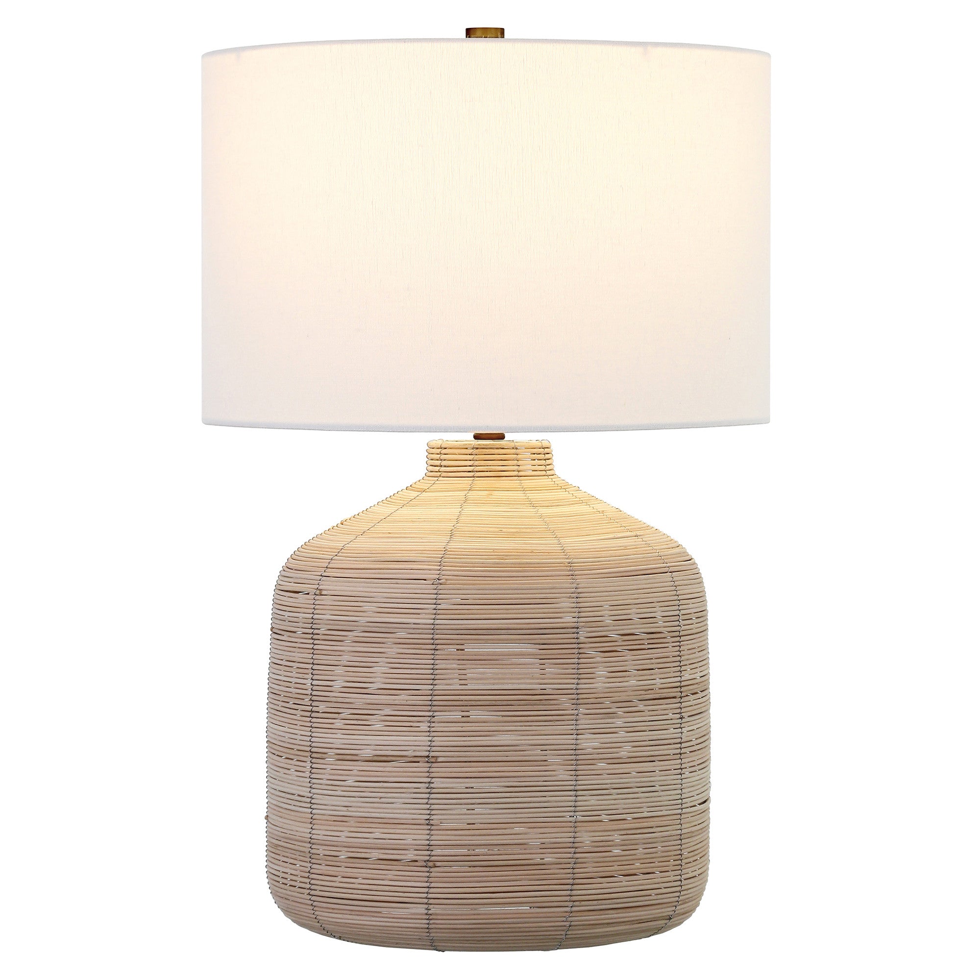 27" Natural Rattan Table Lamp With White Drum Shade