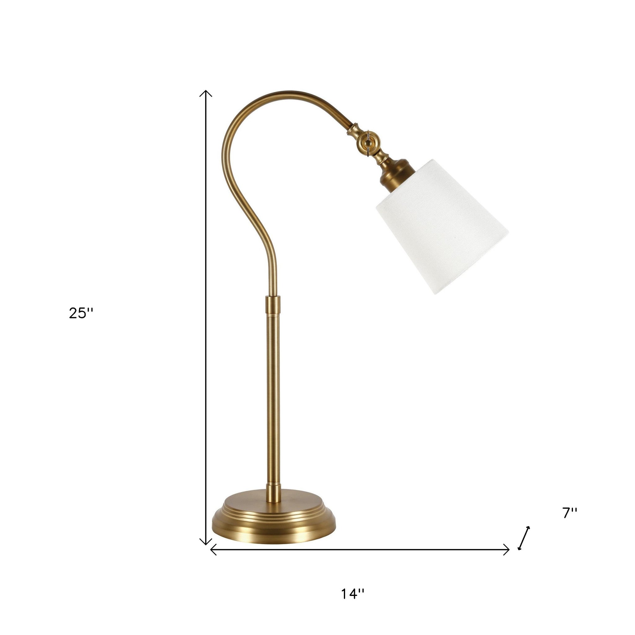 25" Brass Metal Arched Table Lamp With White Drum Shade