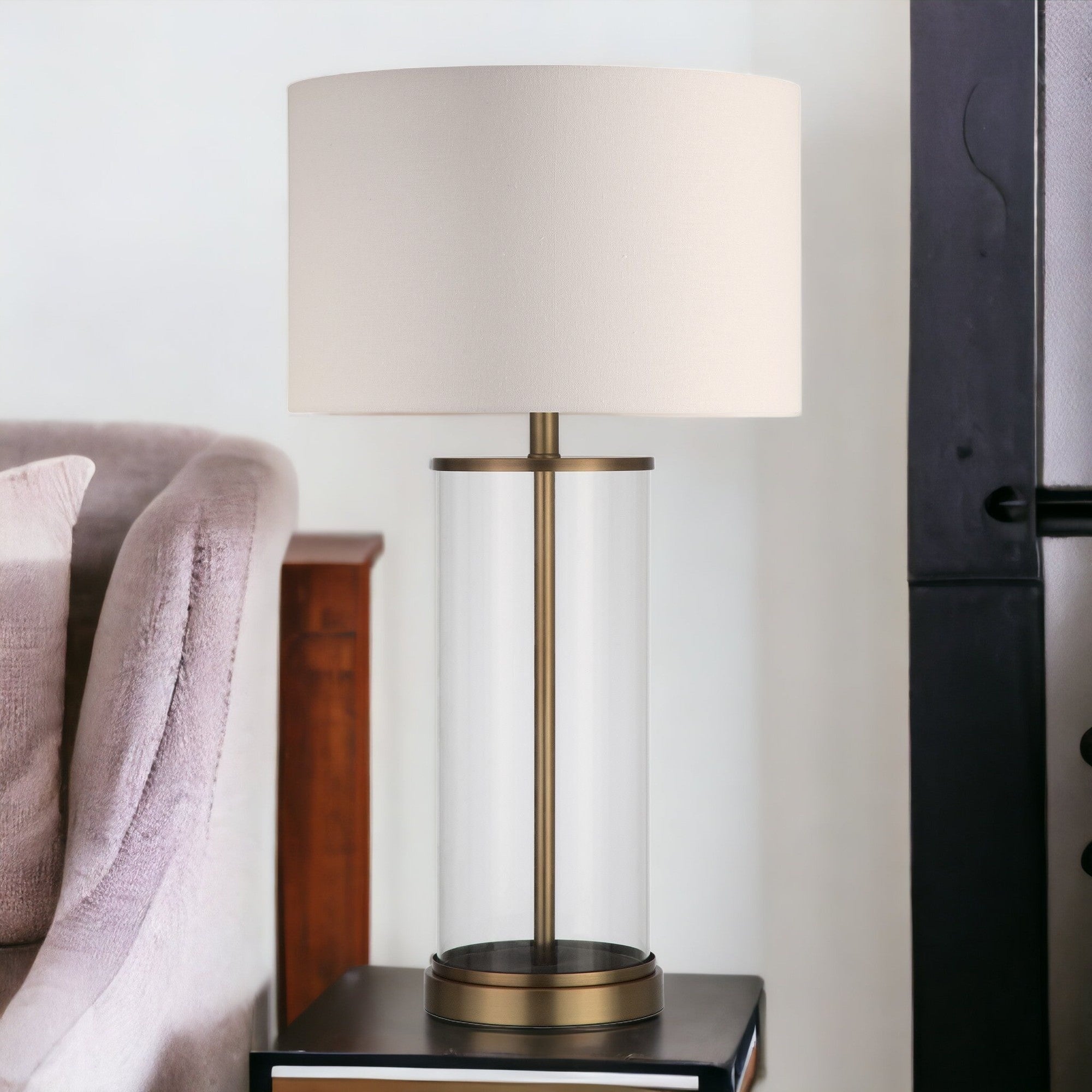 28" Brass Glass Table Lamp With White Drum Shade