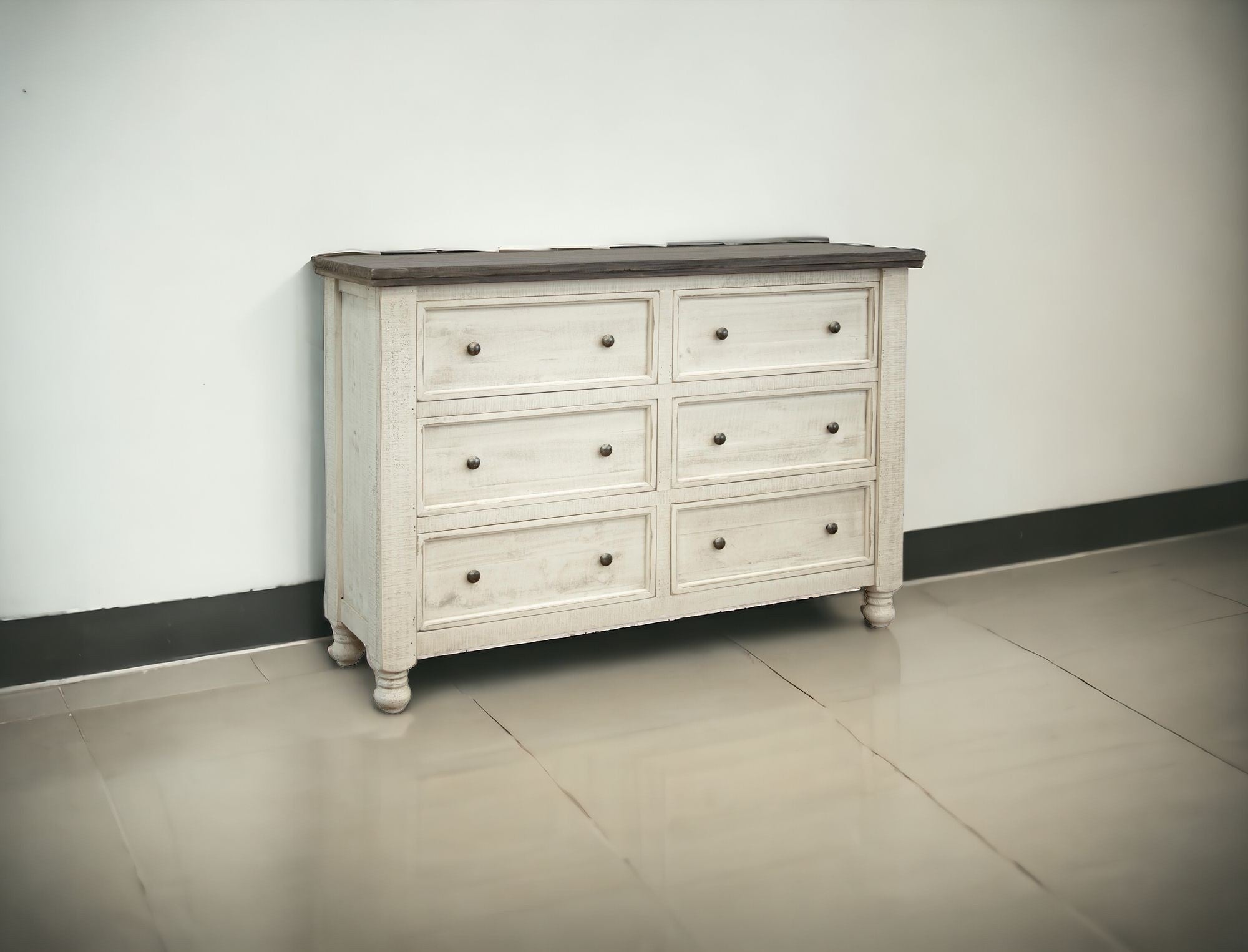 62" Gray and Ivory Solid Wood Six Drawer Double Dresser