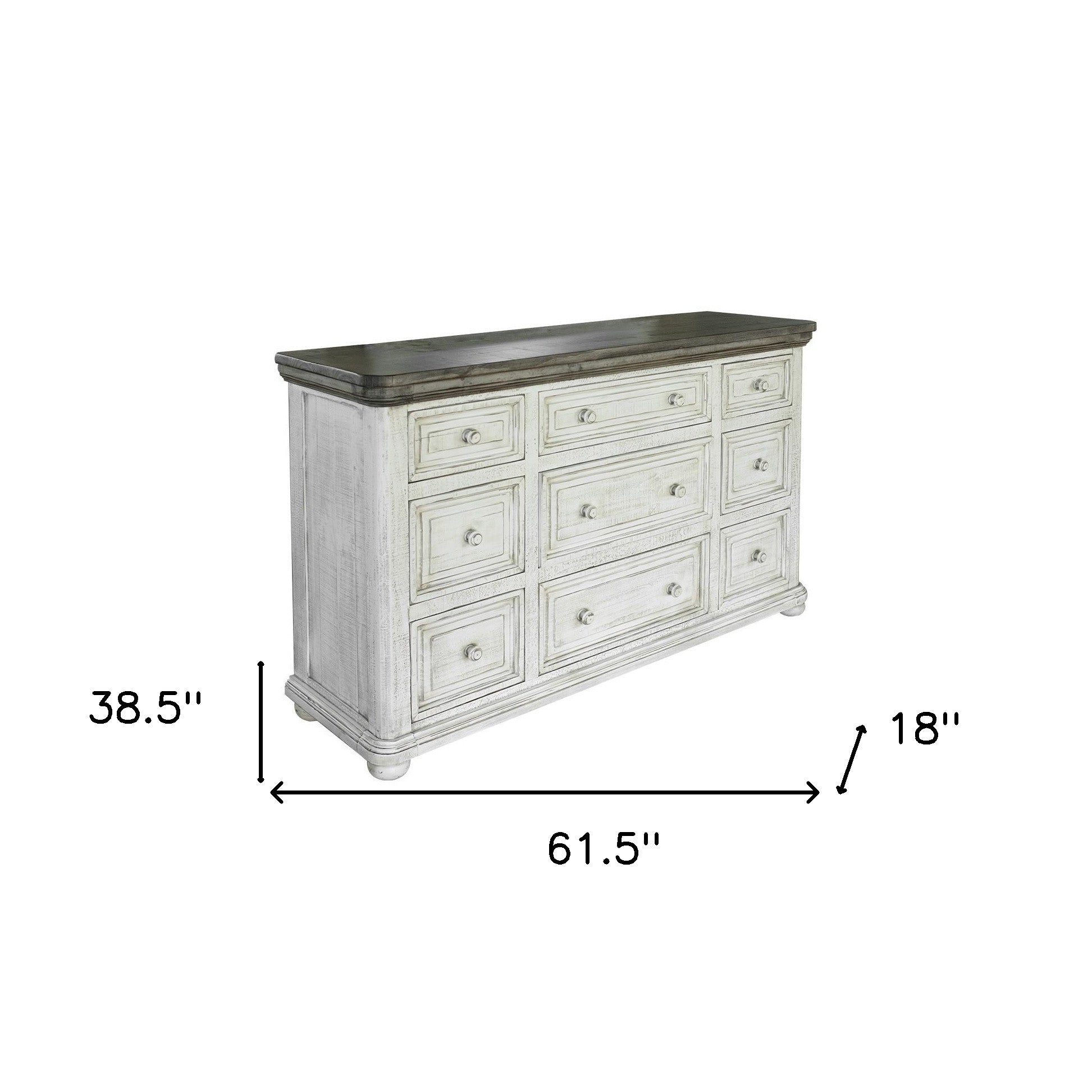 62" Gray and Ivory Solid Wood Nine Drawer Triple Dresser