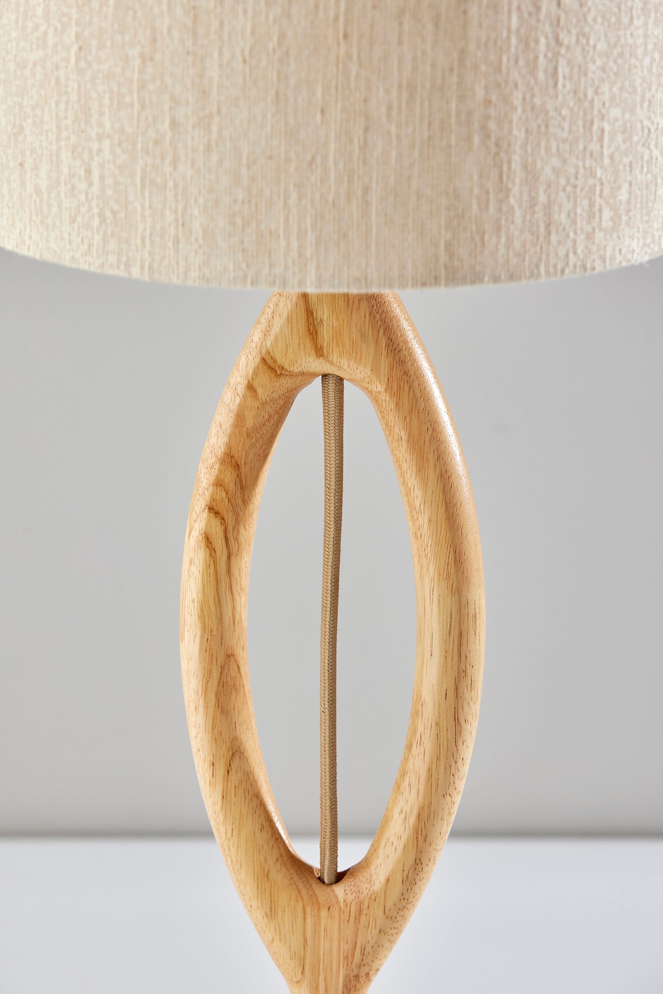 28" Natural Solid Wood Round Table Lamp With Beige Drum Shade