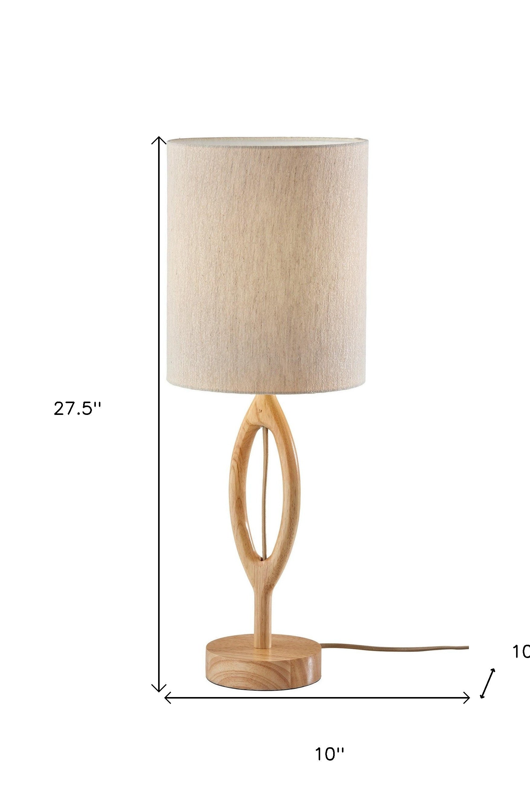 28" Natural Solid Wood Round Table Lamp With Beige Drum Shade