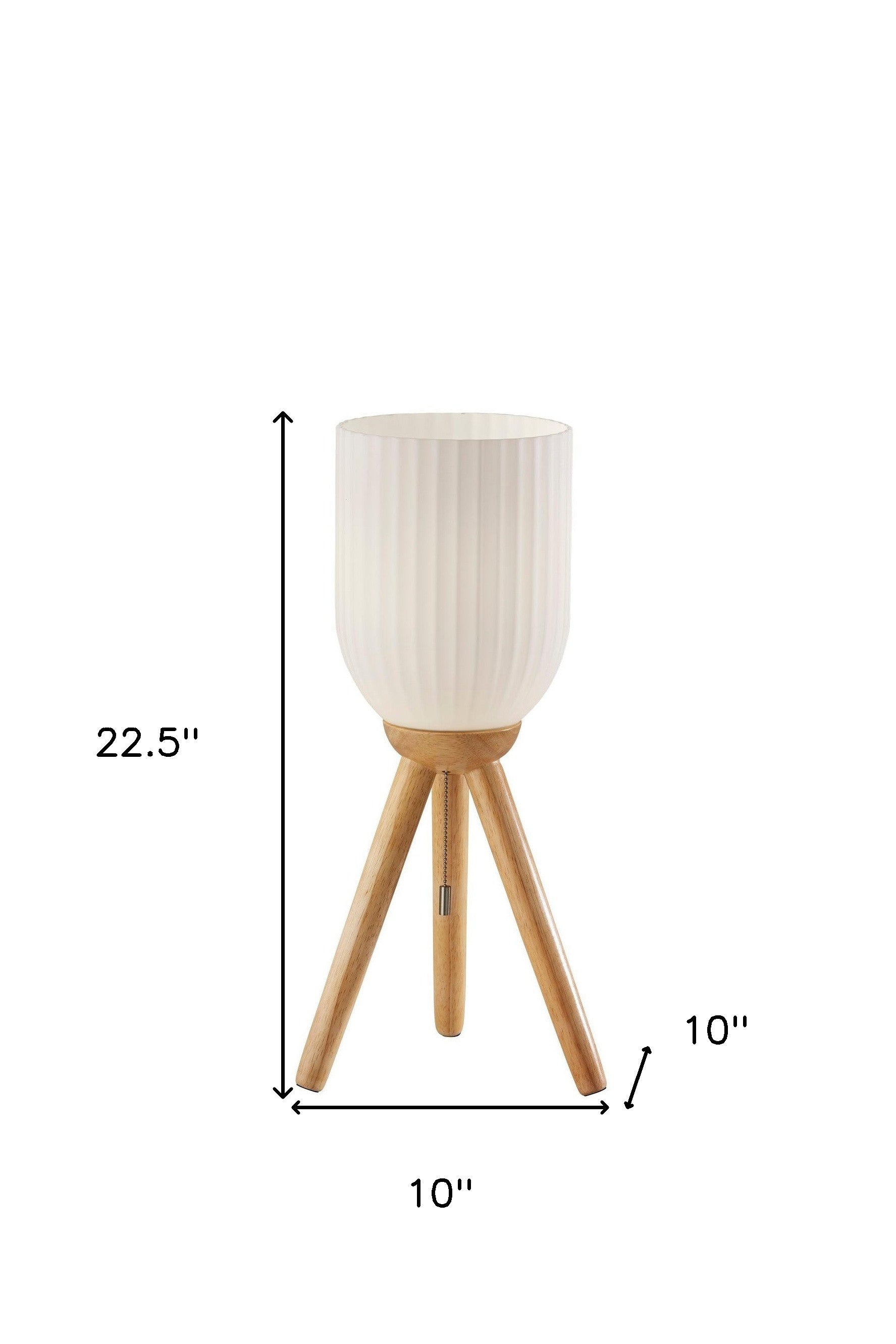 23" Natural Solid Wood Tripod Table Lamp With White Ribbed Glass Shade