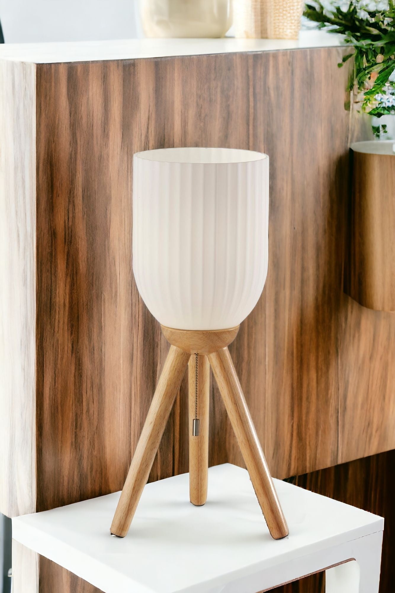 23" Natural Solid Wood Tripod Table Lamp With White Ribbed Glass Shade