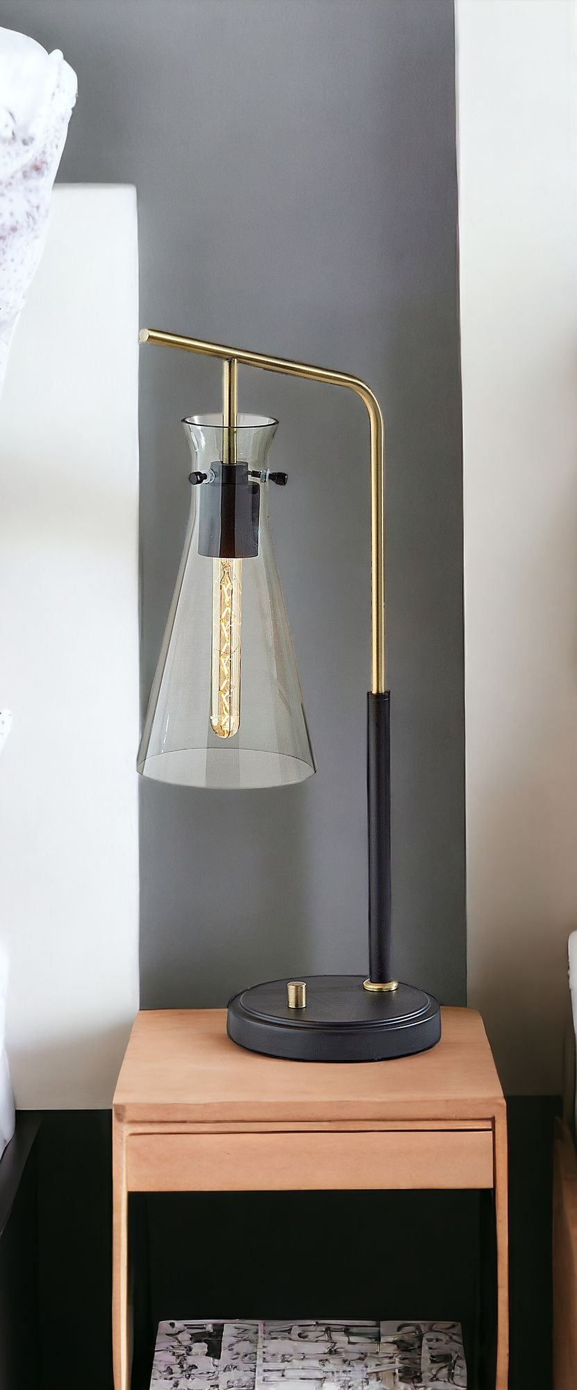 24" Black and Gold Metal Desk Lamp With Light Gray Cone Shade