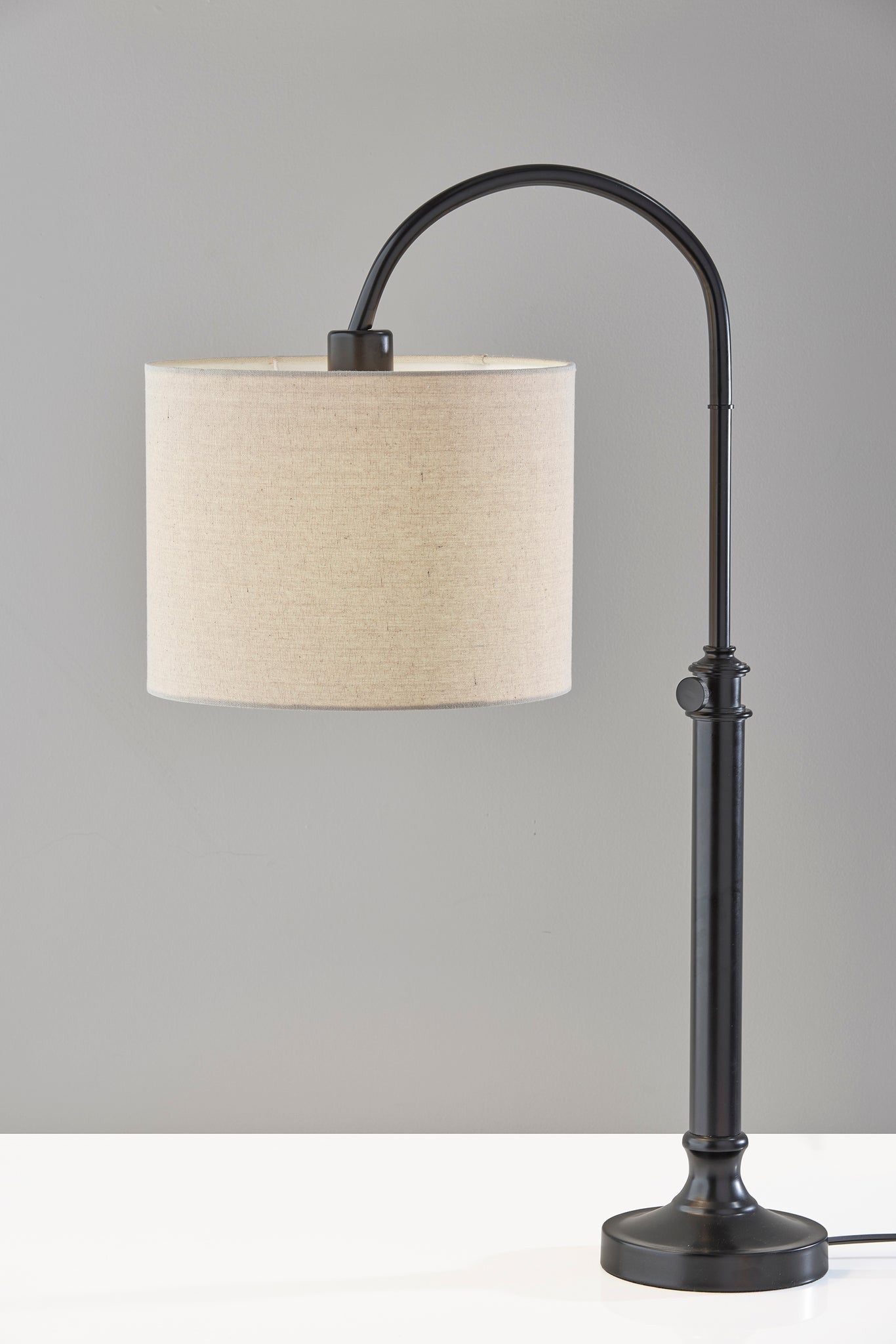 32" Black Metal Adjustable Arched Lamp With Beige Drum Shade