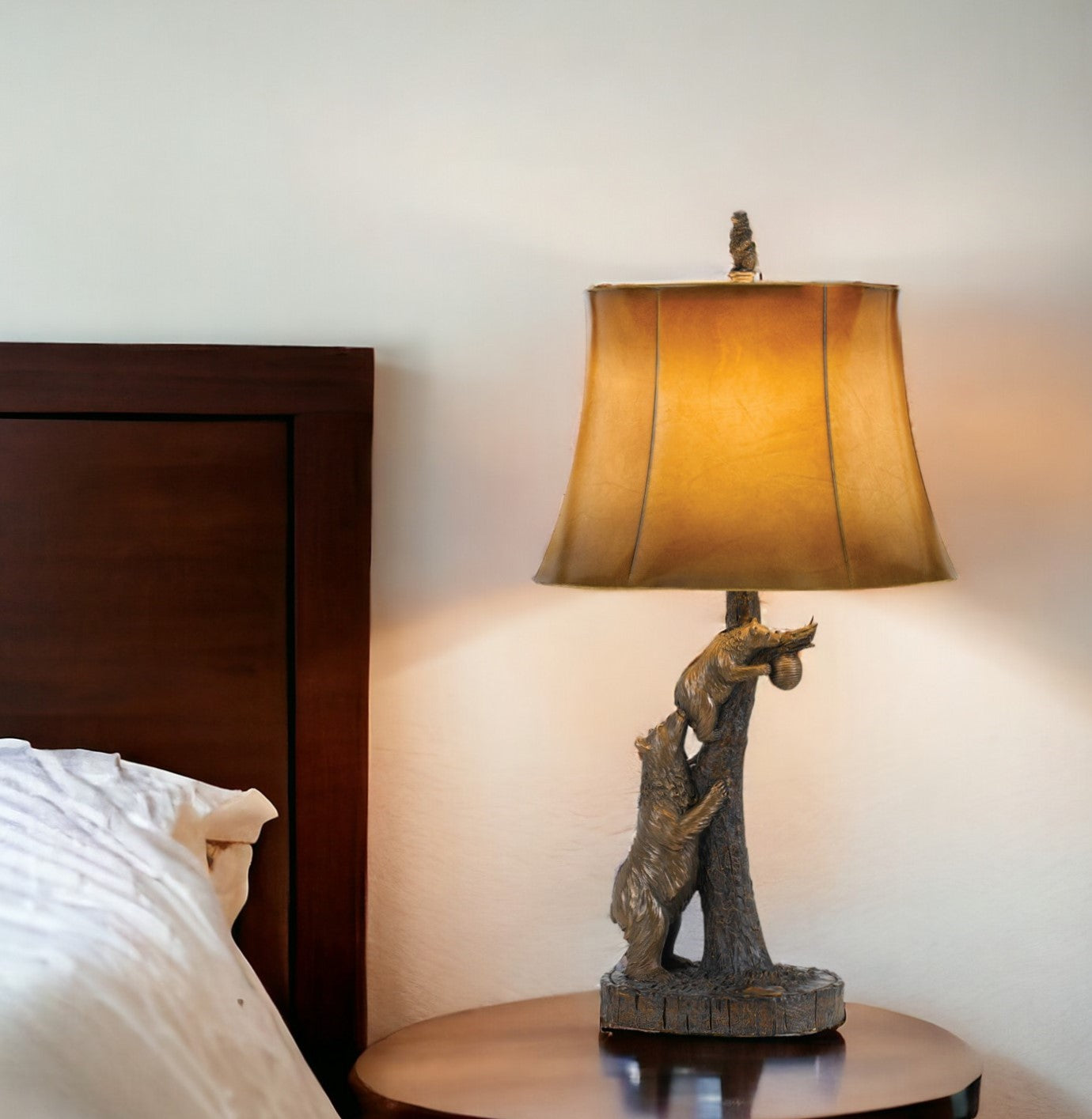 31" Bronze Bears After the Honey Table Lamp With Brown Faux Leather Shade