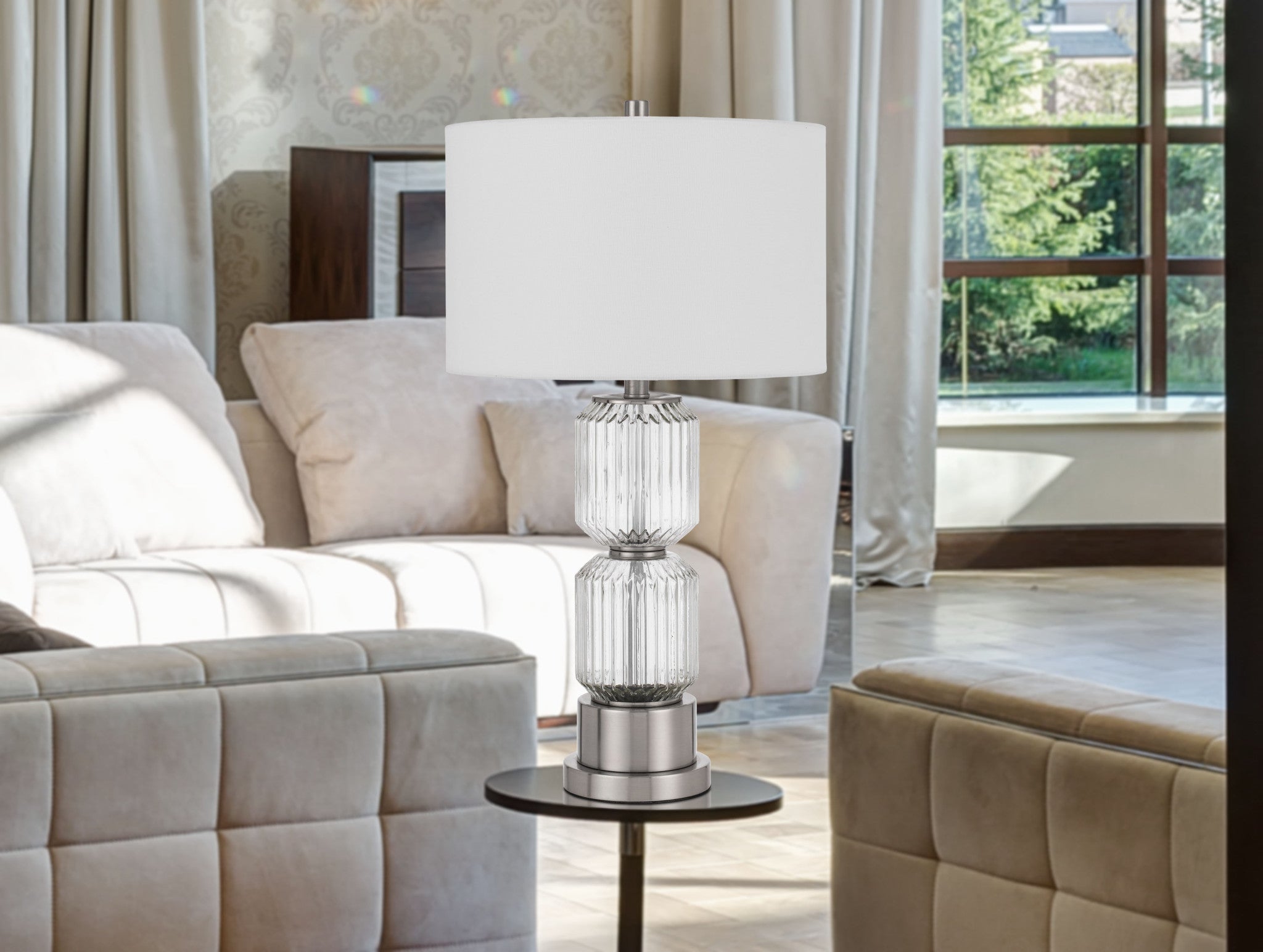 28" Nickel Metal Table Lamp With White Drum Shade