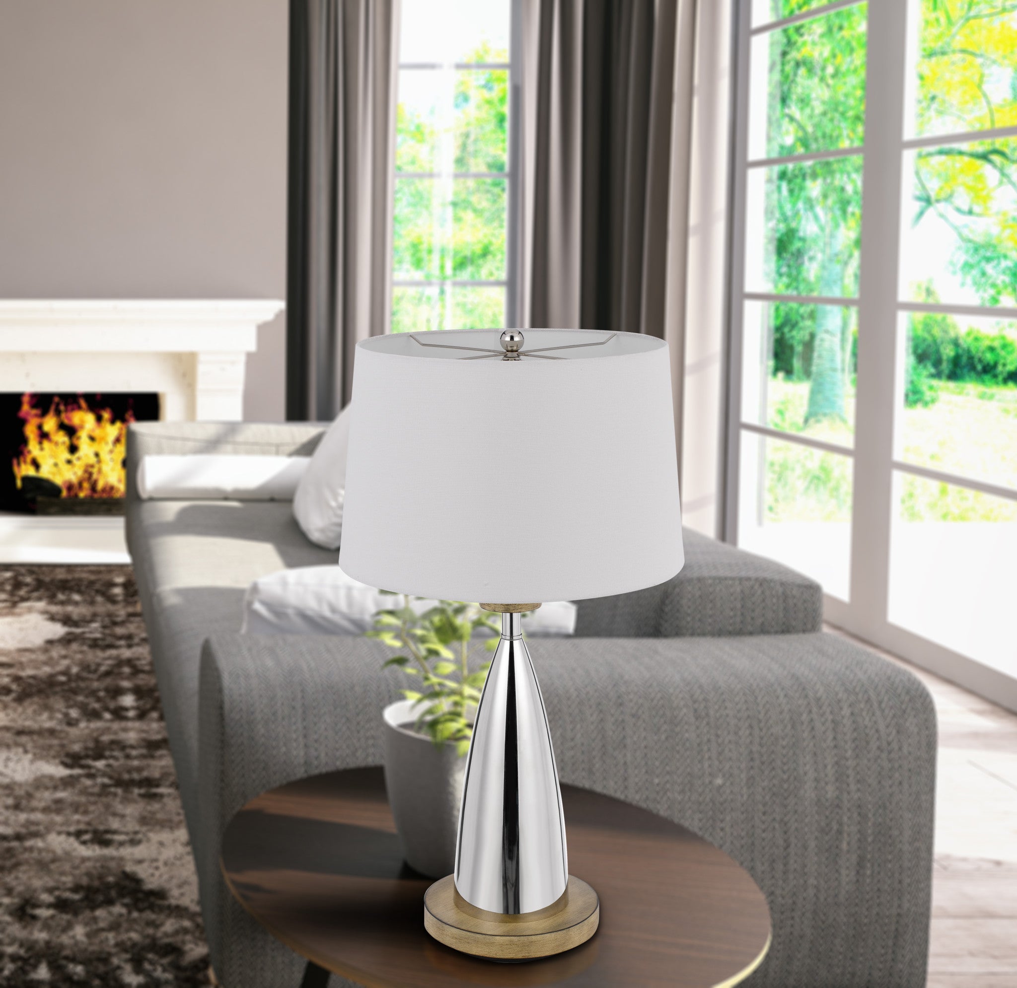 31" Brown Metal Geometric USB Table Lamp With White Empire Shade