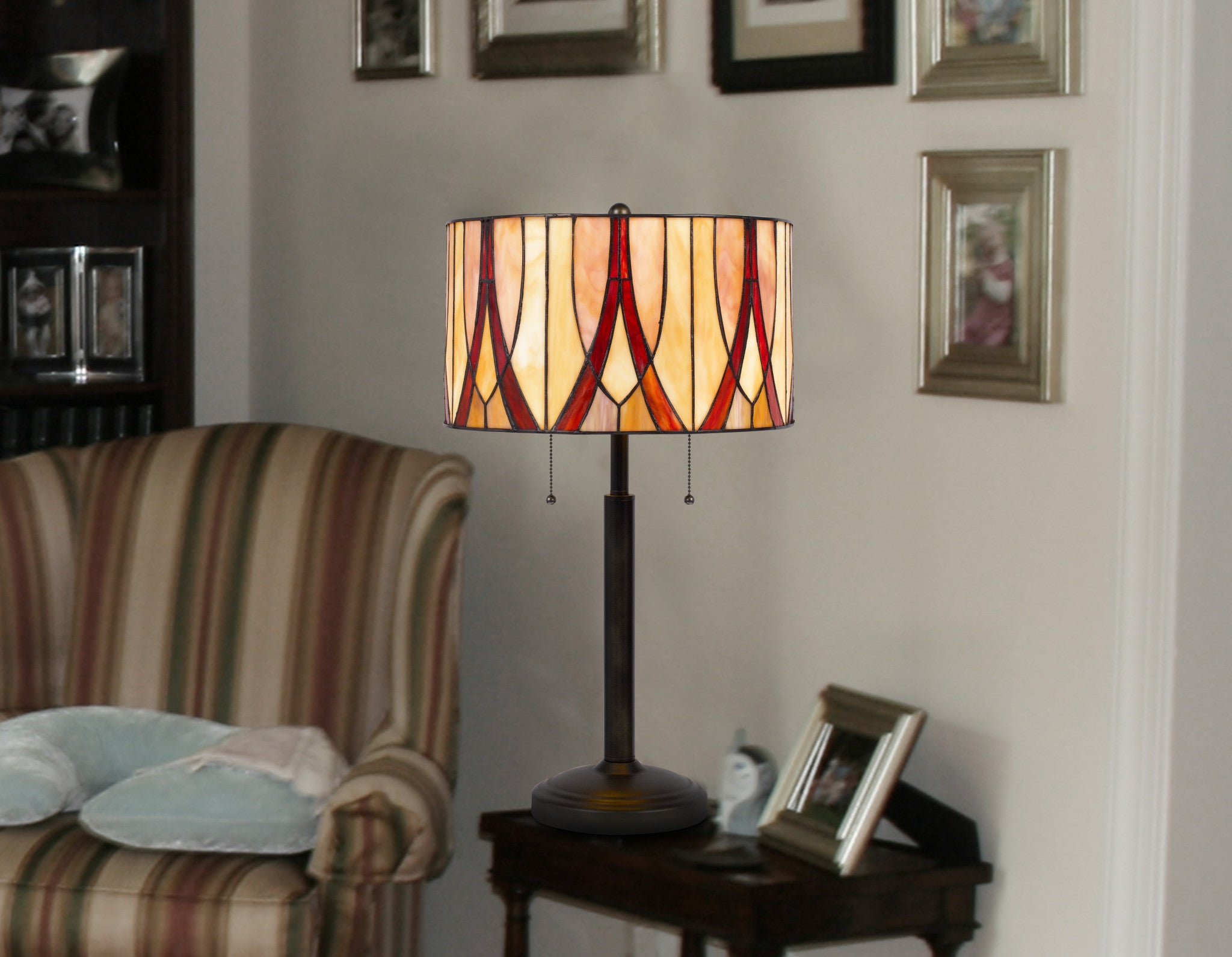 24" Bronze Metal Two Light Table Lamp With Red And Ivory Drum Shade