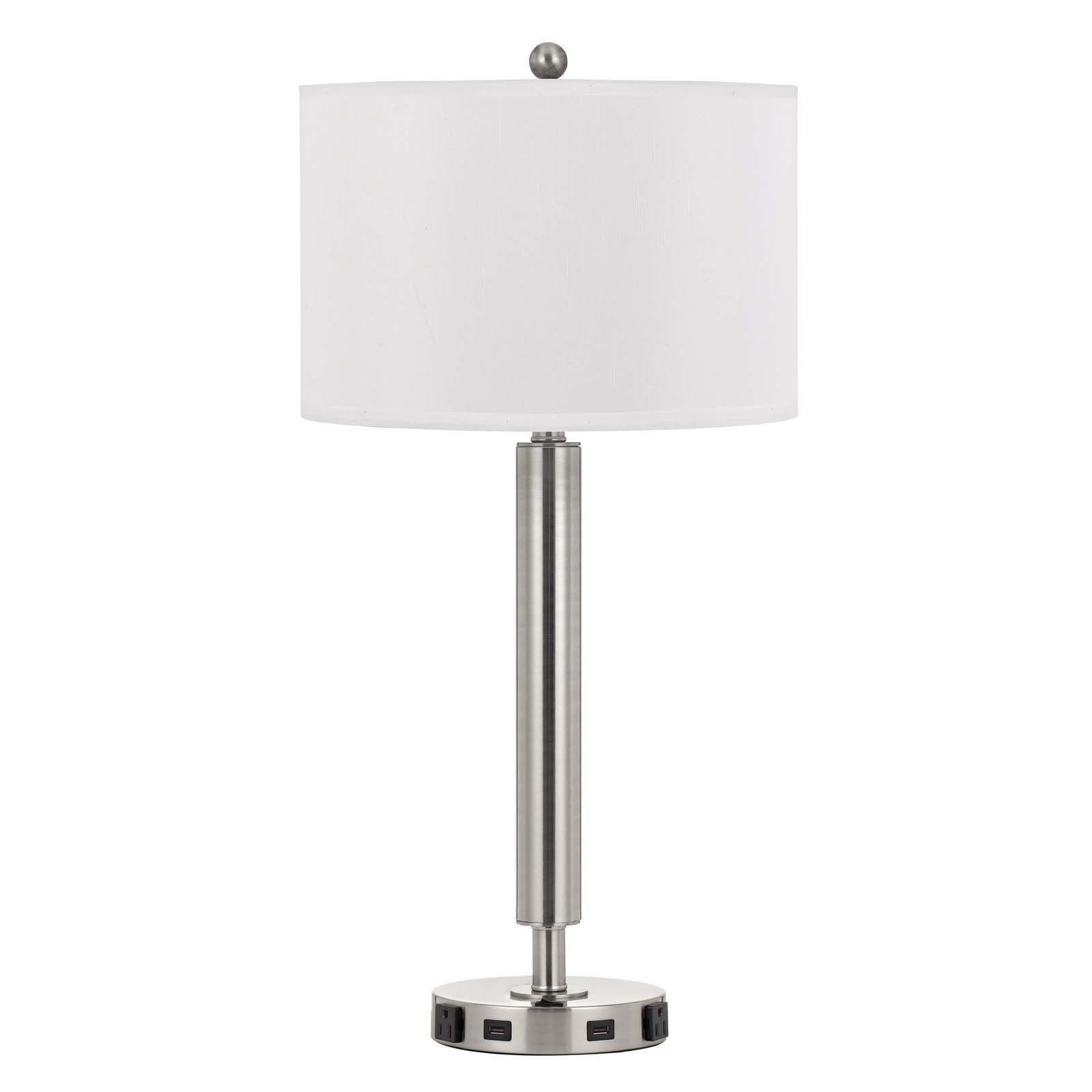 30" Nickel Metal Cylinder USB Table Lamp With White Drum Shade