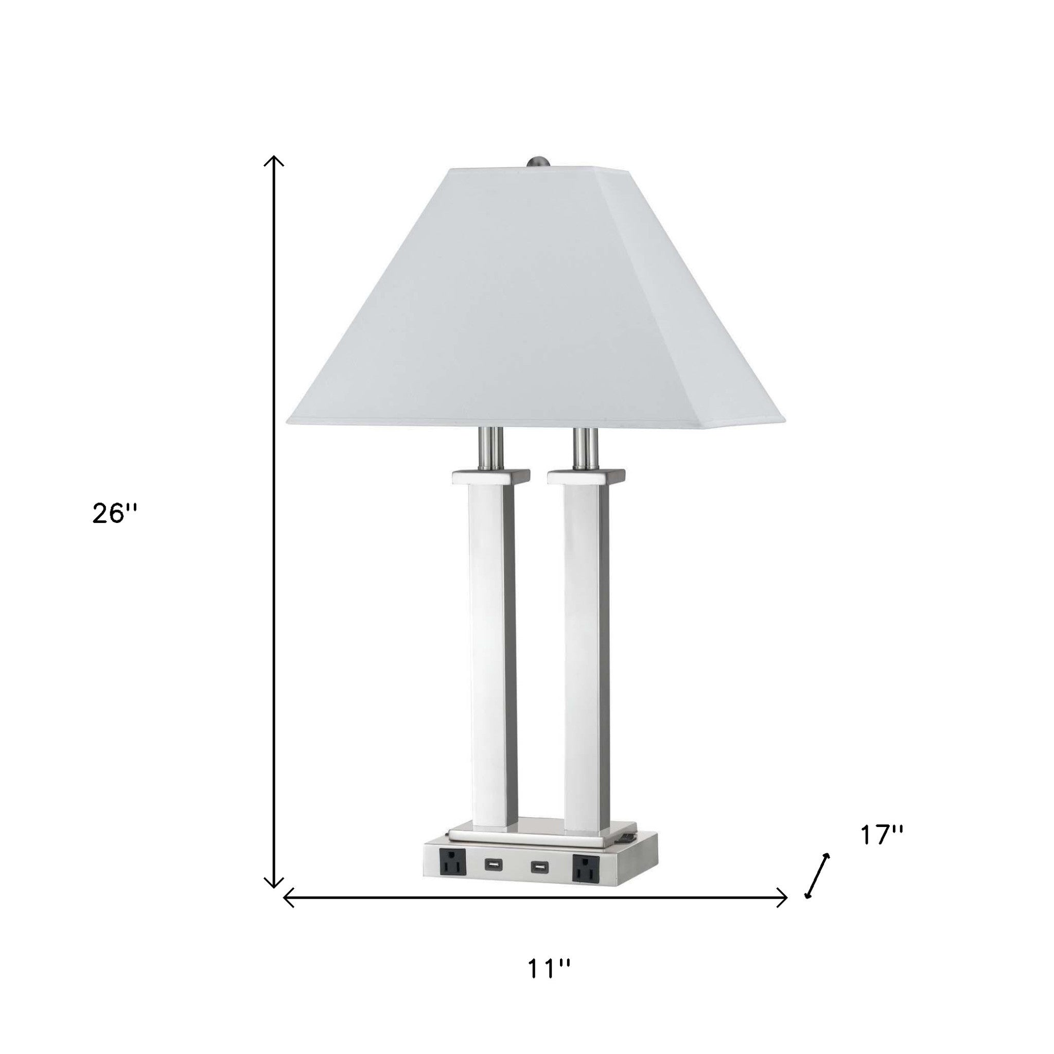 26" Nickel Metal Two Light Desk USB Table Lamp With White Novelty Shade