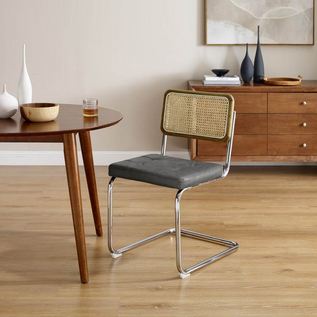 Set of Two Tufted Gray And Silver Upholstered Faux Leather Dining Side Chairs