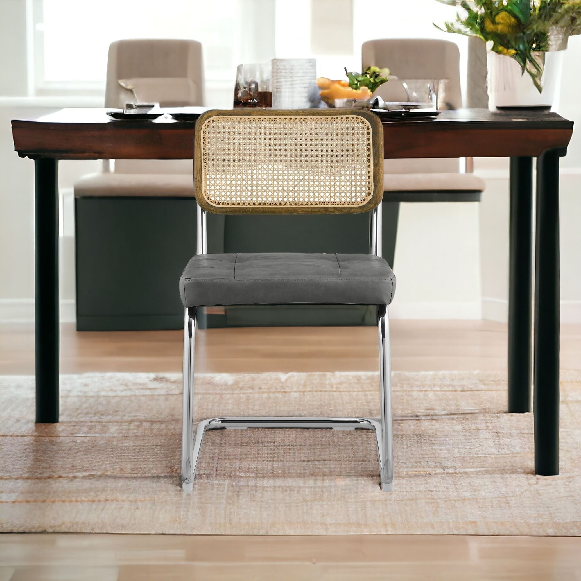 Set of Two Tufted Gray And Silver Upholstered Faux Leather Dining Side Chairs