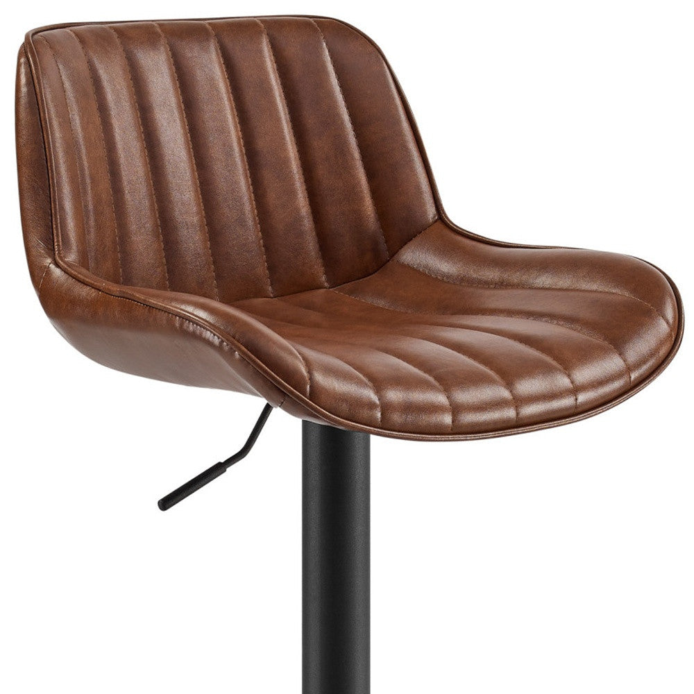 Set of Two Brown And Black Faux Leather And Steel Low Back Adjustable Height Swivel Bar Chairs