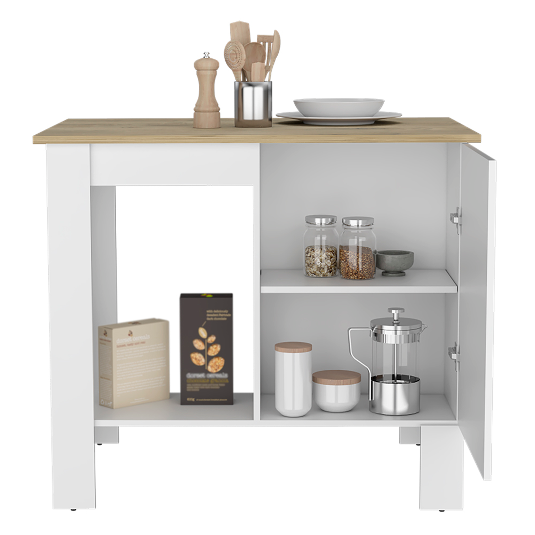 White and Natural 35" Kitchen Island With Storage