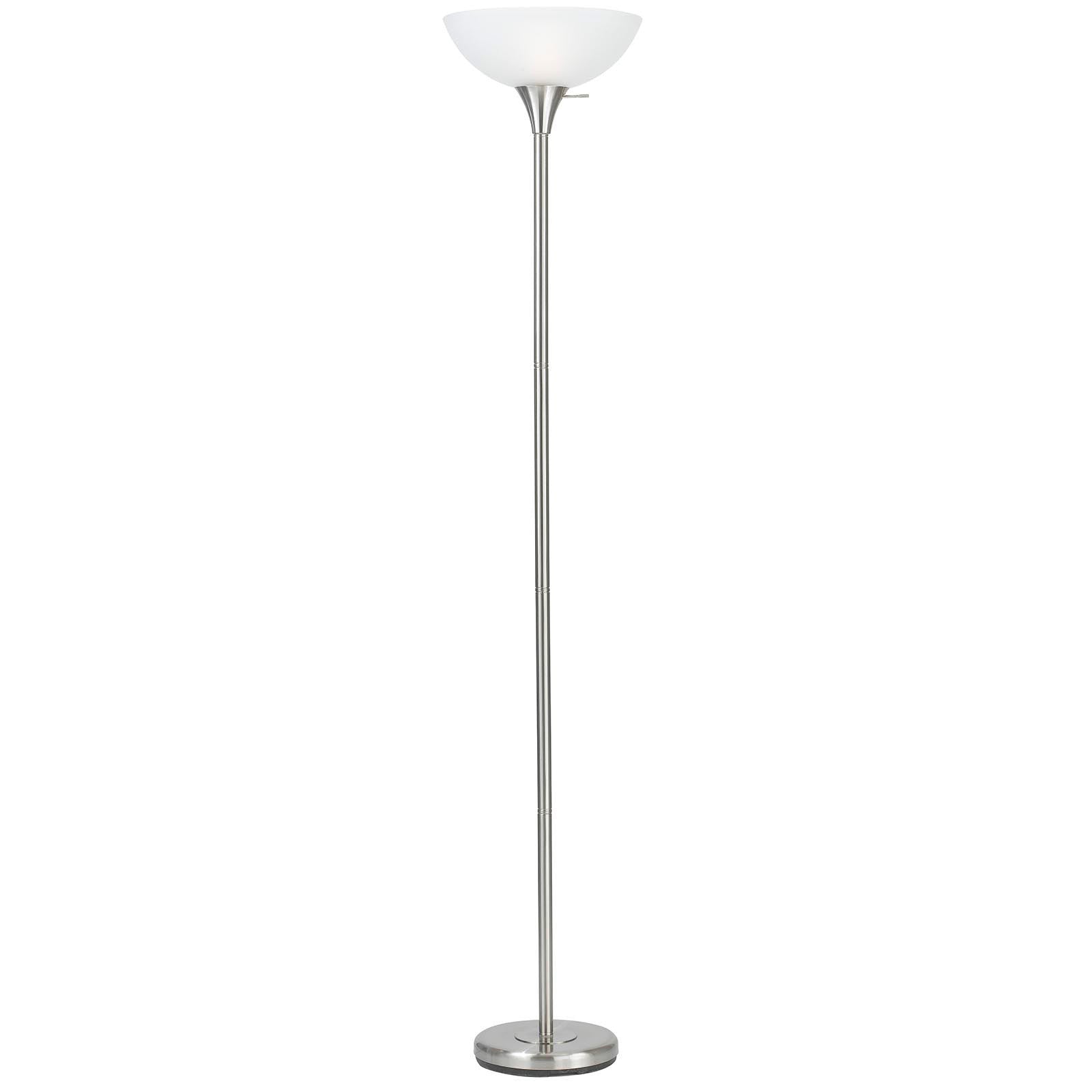 70" Nickel Torchiere Floor Lamp With White Frosted Glass Dome Shade